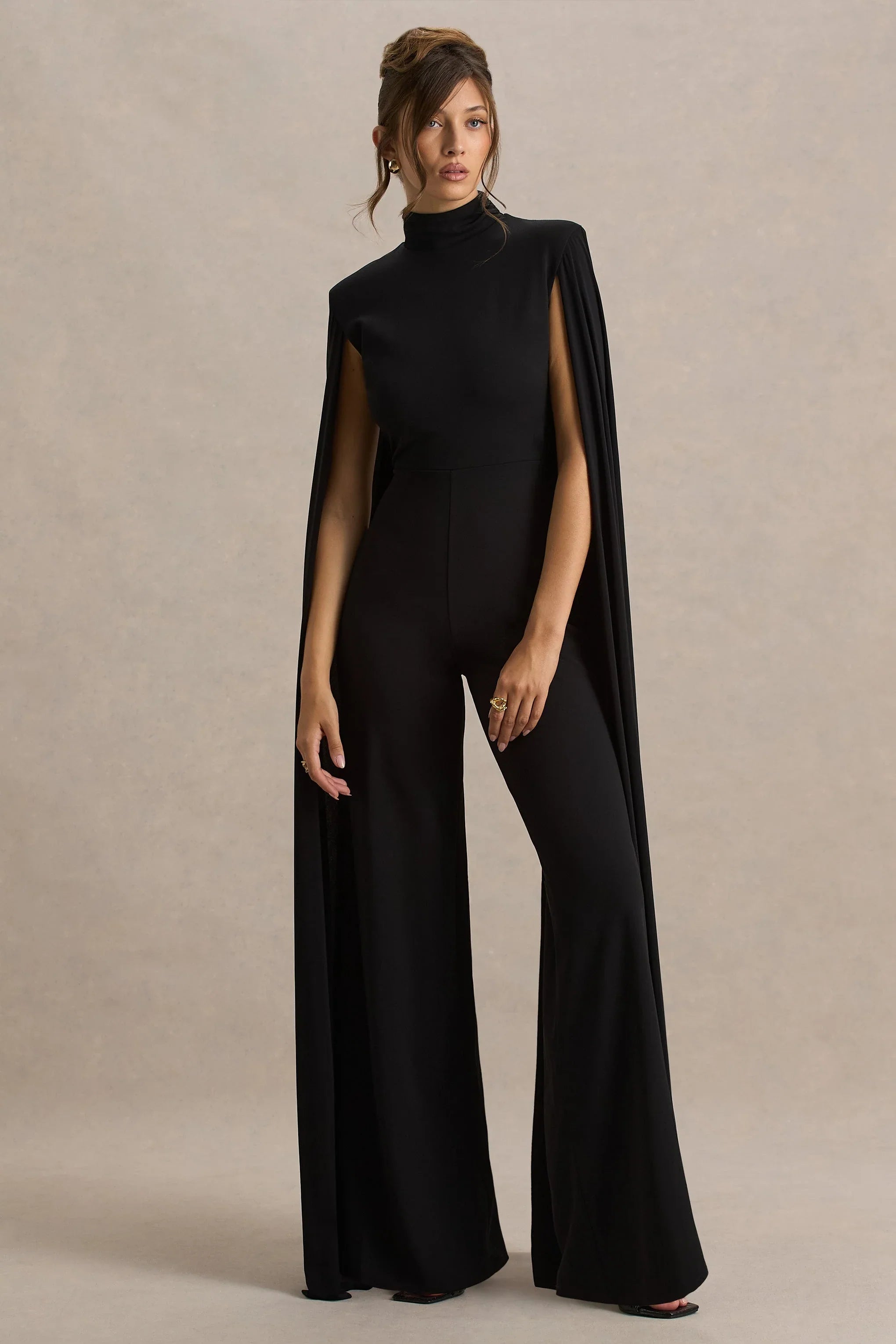Dulcet Black High Neck Jumpsuit With Cape Sleeves