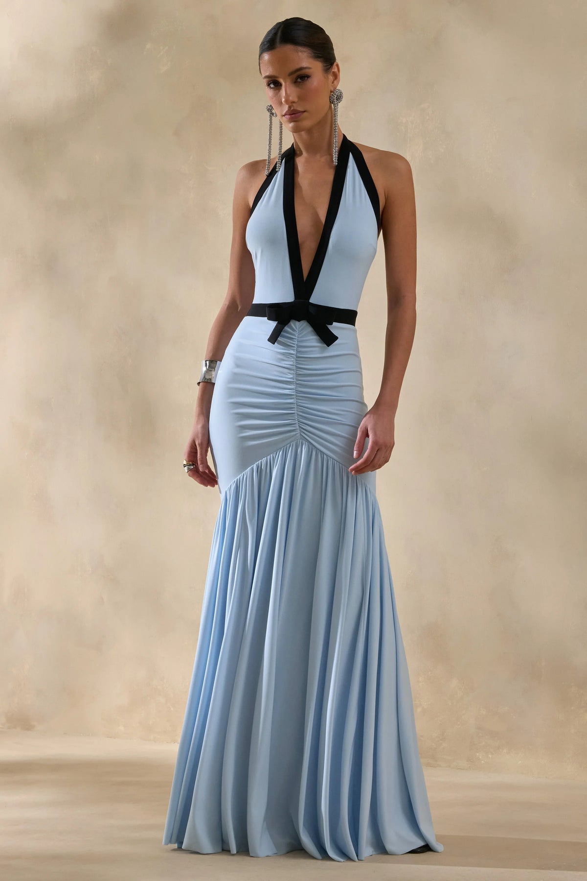Cosmina Powder Blue Plunge Neck Maxi Dress With Bow Detail