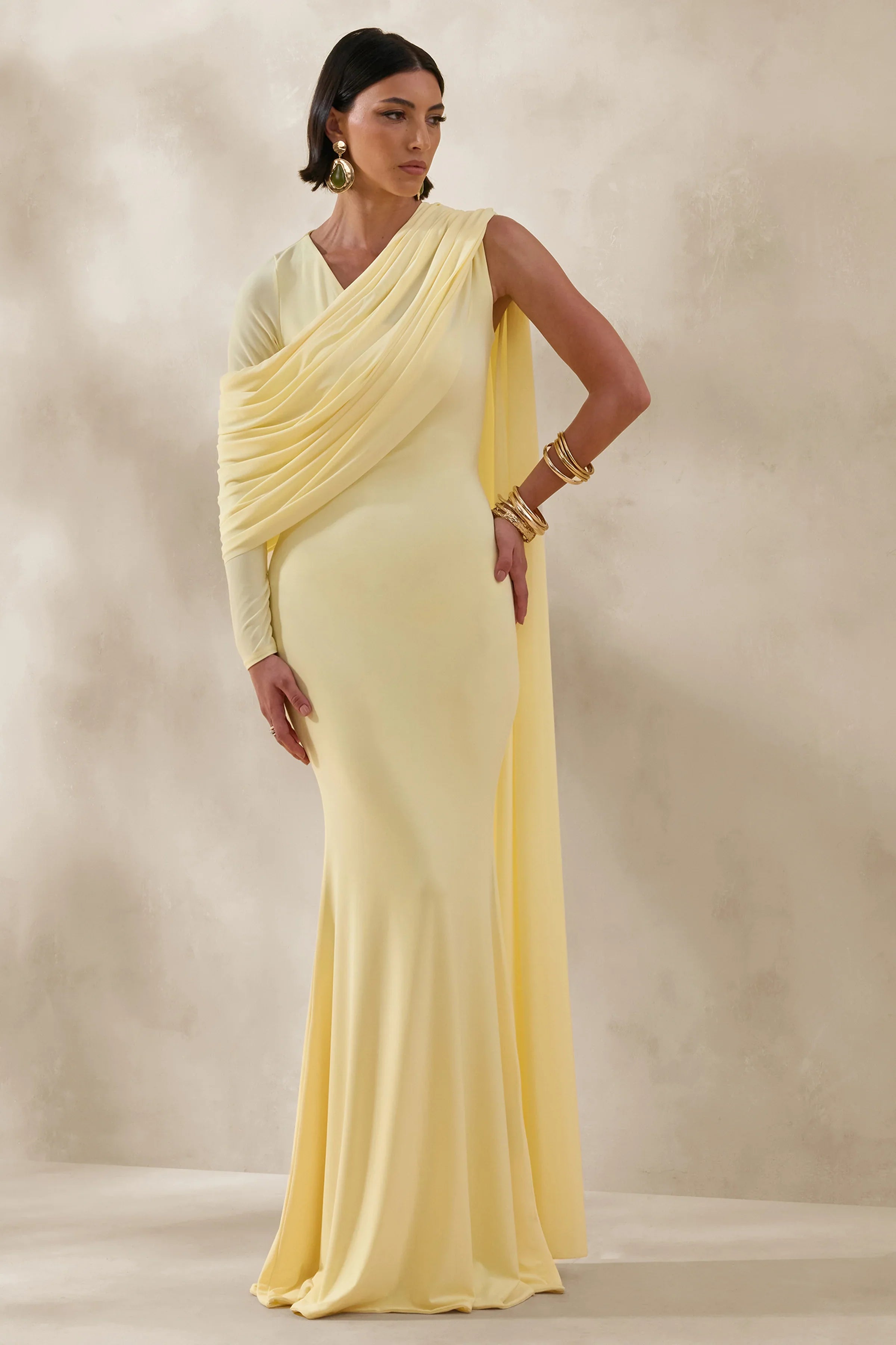 Rubelle Lemon Asymmetric Neck Maxi Dress With Draped Detailing