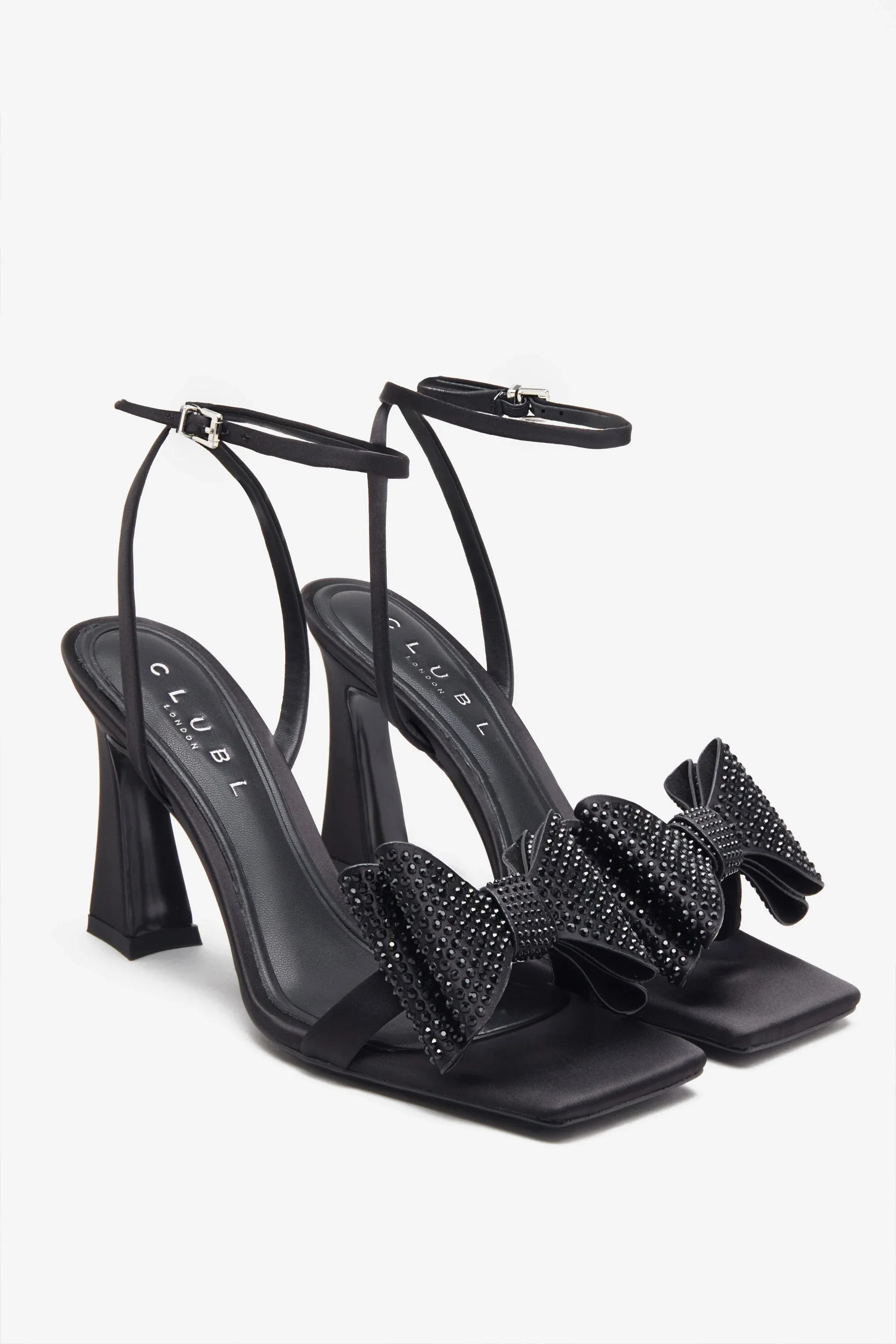 Headlines Black Ankle Strap Heeled Sandals With Diamante Bows
