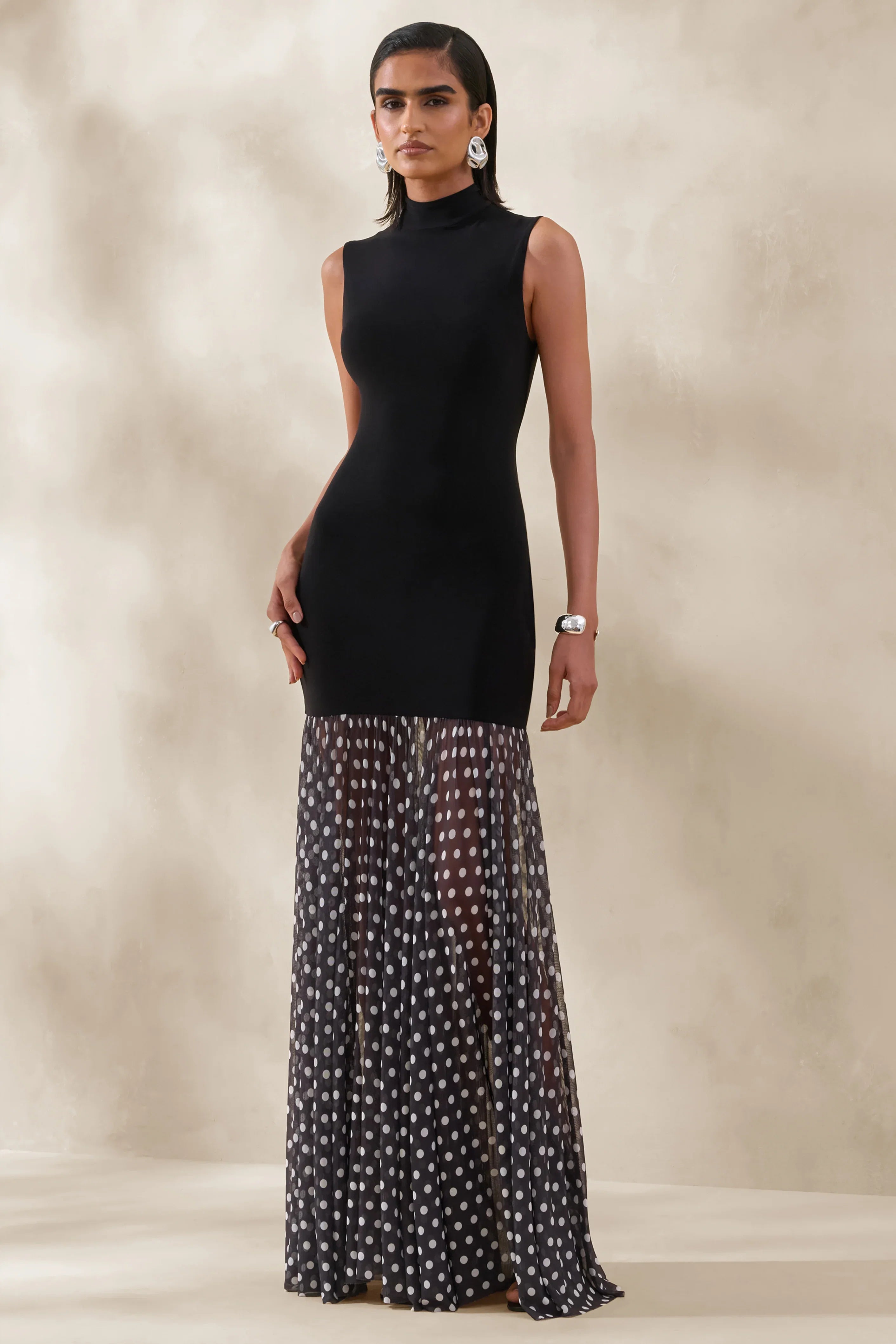 Felina Black High Neck Maxi Dress With Sheer Skirt