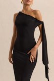 Arcelia Black Asymmetric Neck Midi Dress With Knot Sleeve Detail