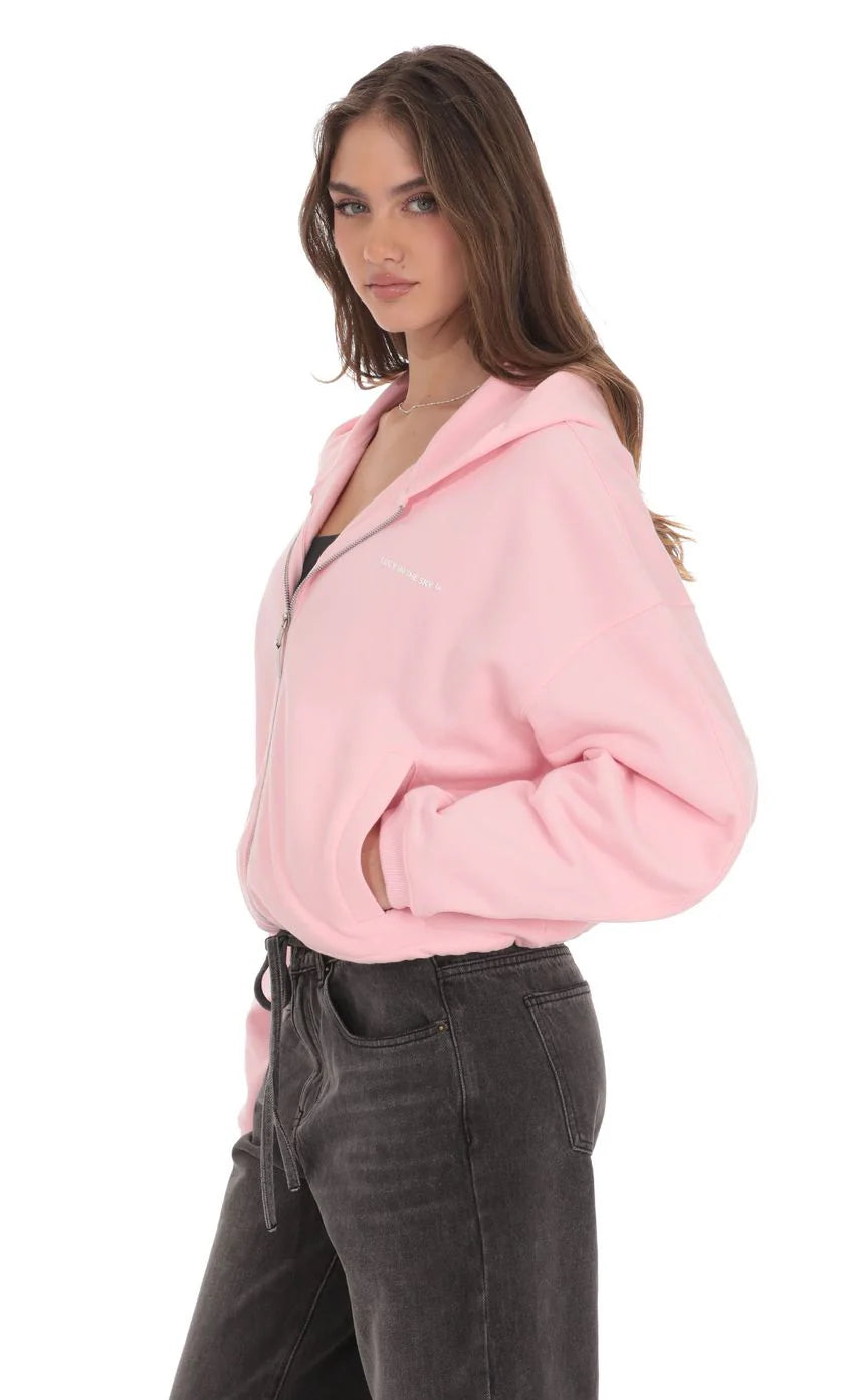 Cropped Fleece Zip Up Hoodie in Pink