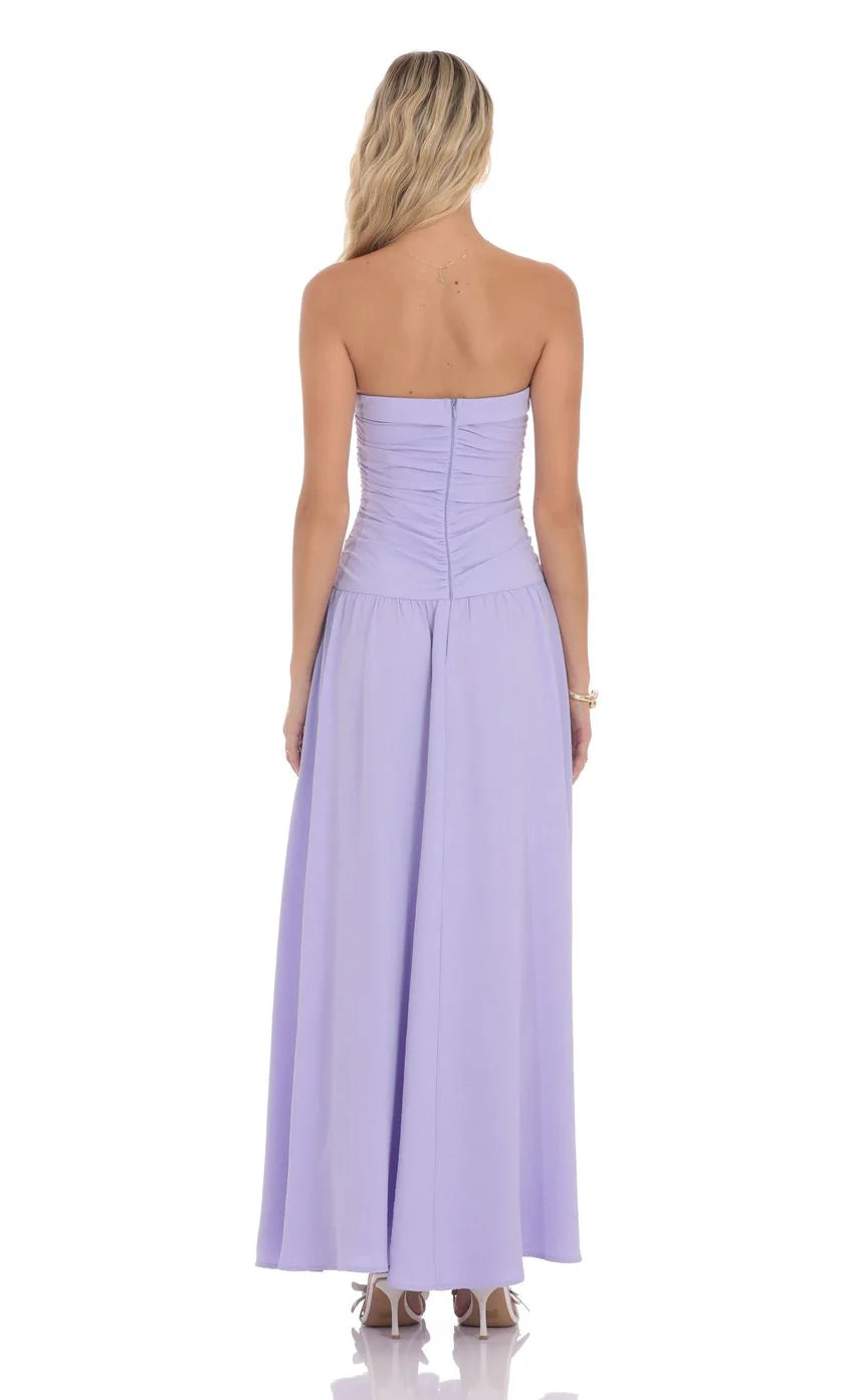 Strapless Drop Waist Maxi Dress in Lavender