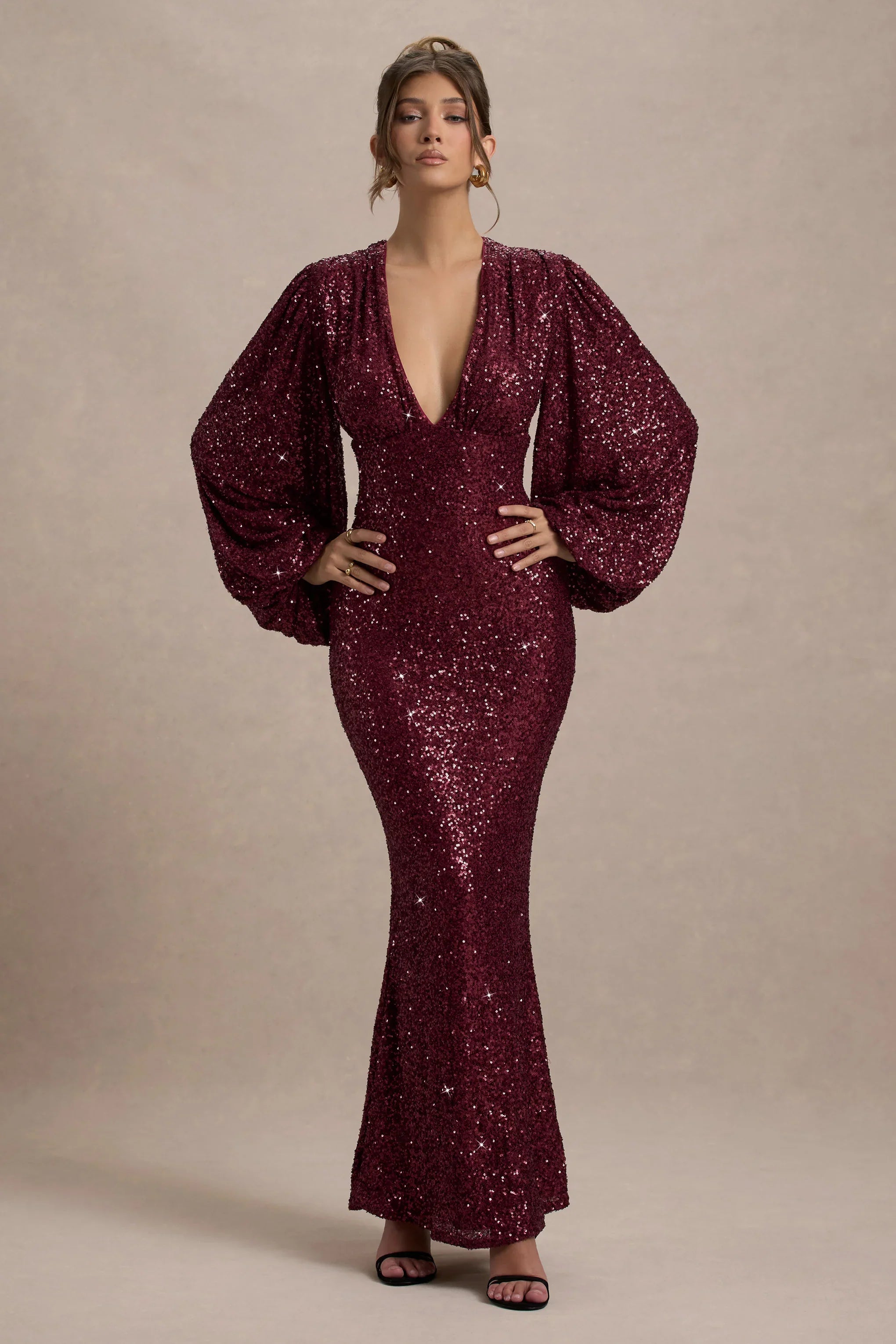 Kaelin Berry Sequin Plunge Neck Maxi Dress
