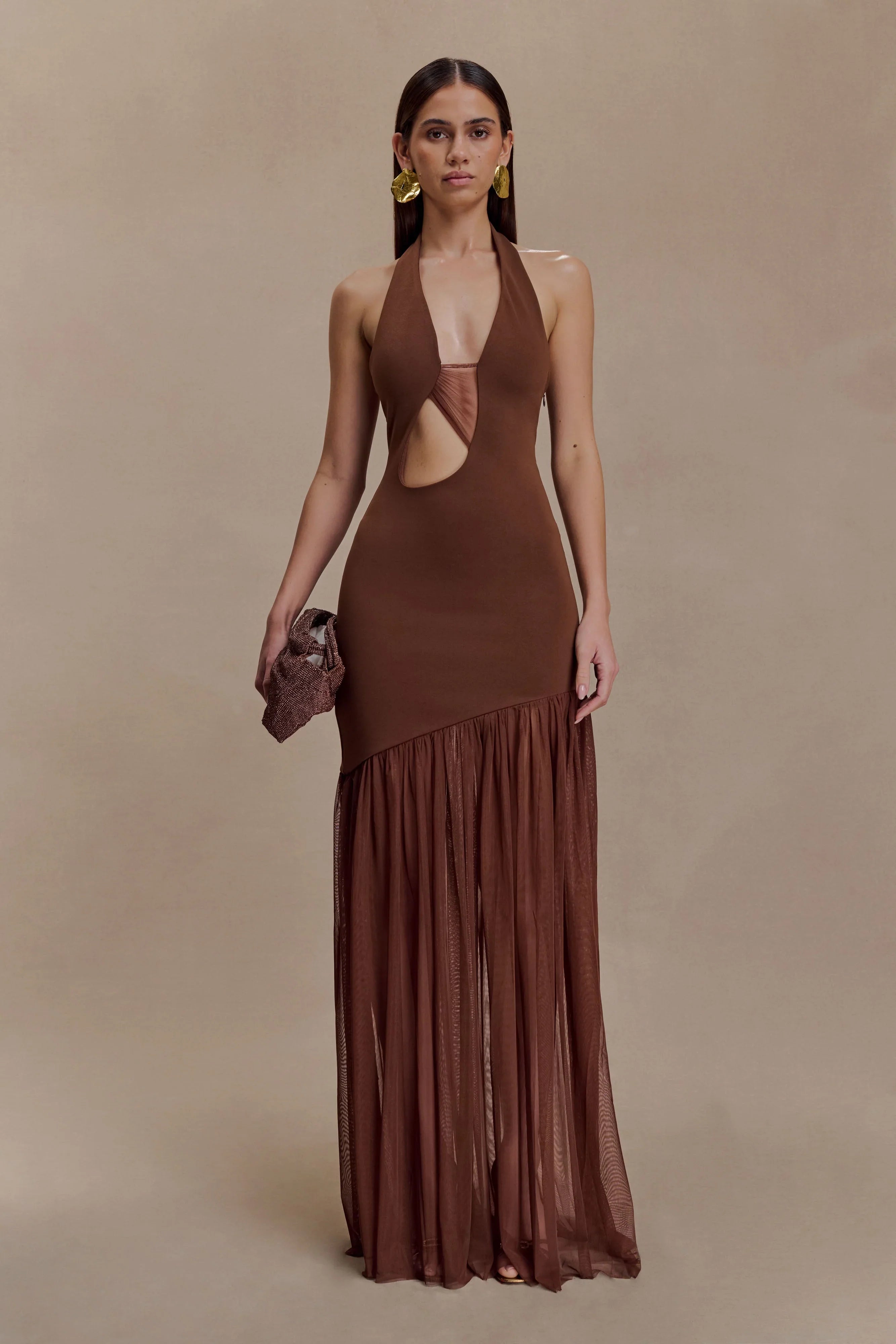 Aubree Crepe And Mesh Maxi Dress Chocolate Mocha