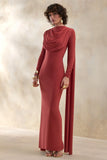 Lysoria Rust High Neck Maxi Dress With Draped Detailing And Cape Sleeves