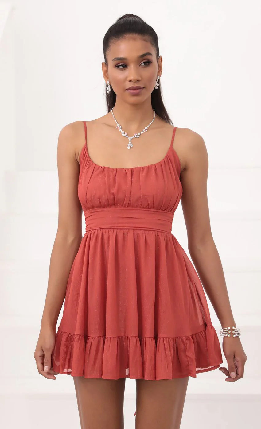 Chiffon Ruffled Dress in Rust