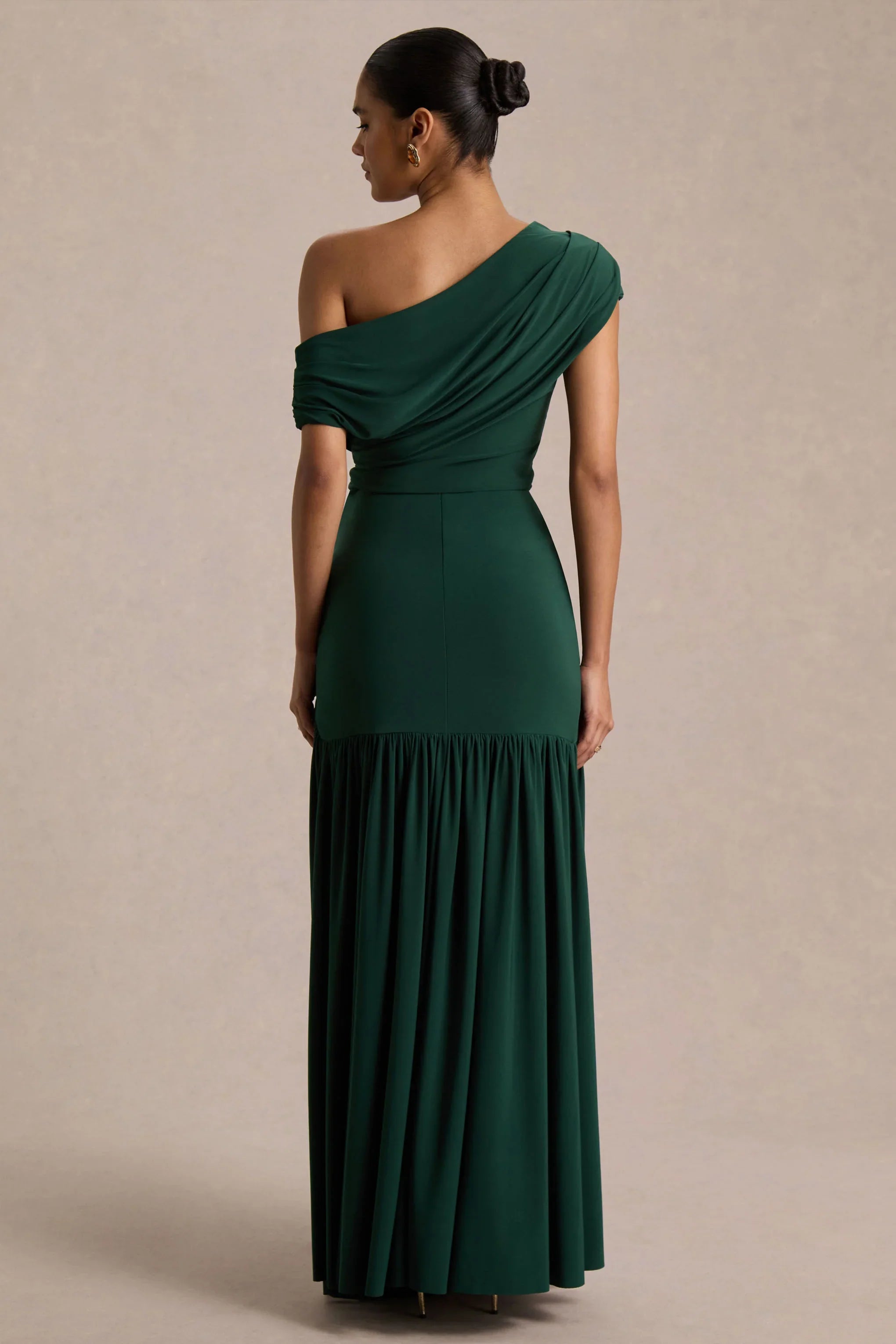 Kady Dark Green Asymmetric Neck Maxi Dress With Ruched Detailing