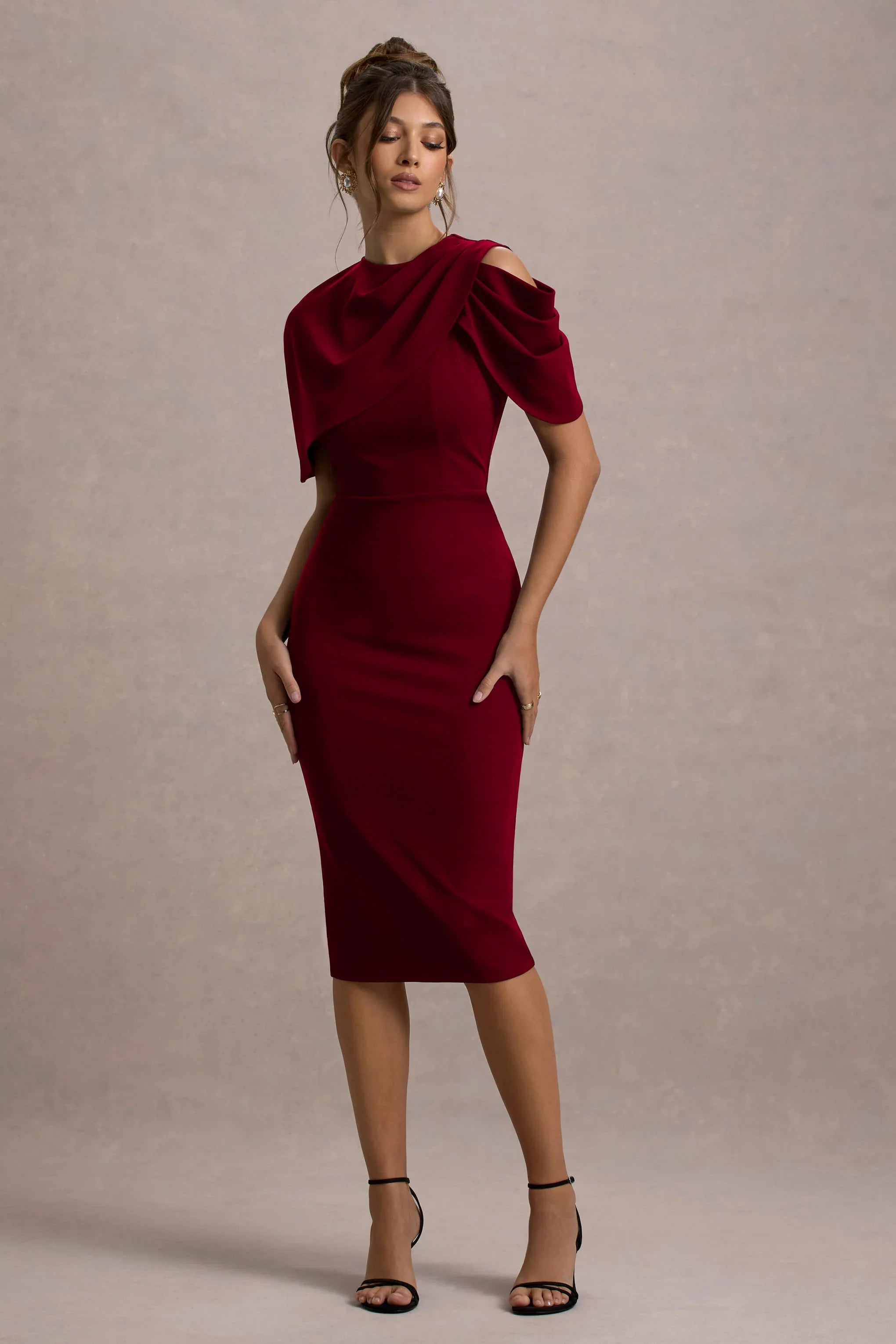 Dorothea Berry Draped Midi Dress With Cape