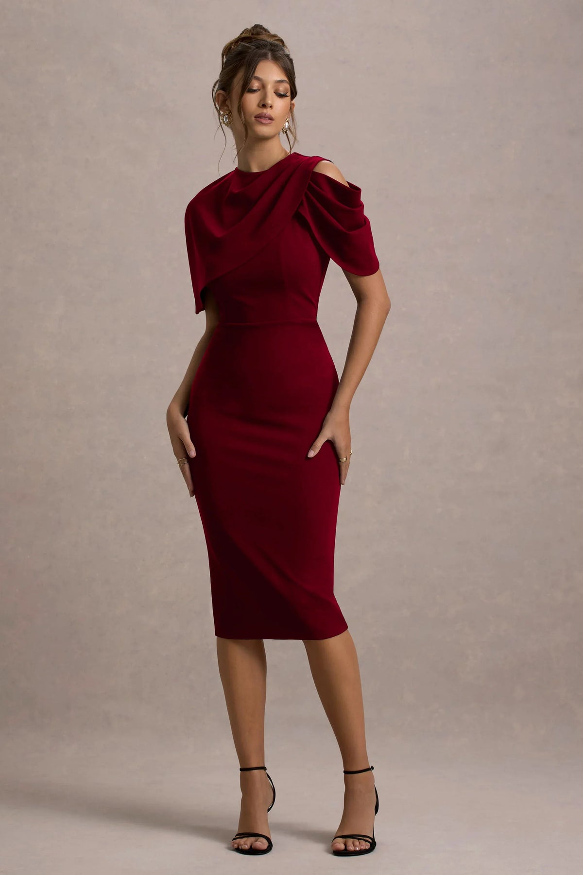 Dorothea Berry Draped Midi Dress With Cape