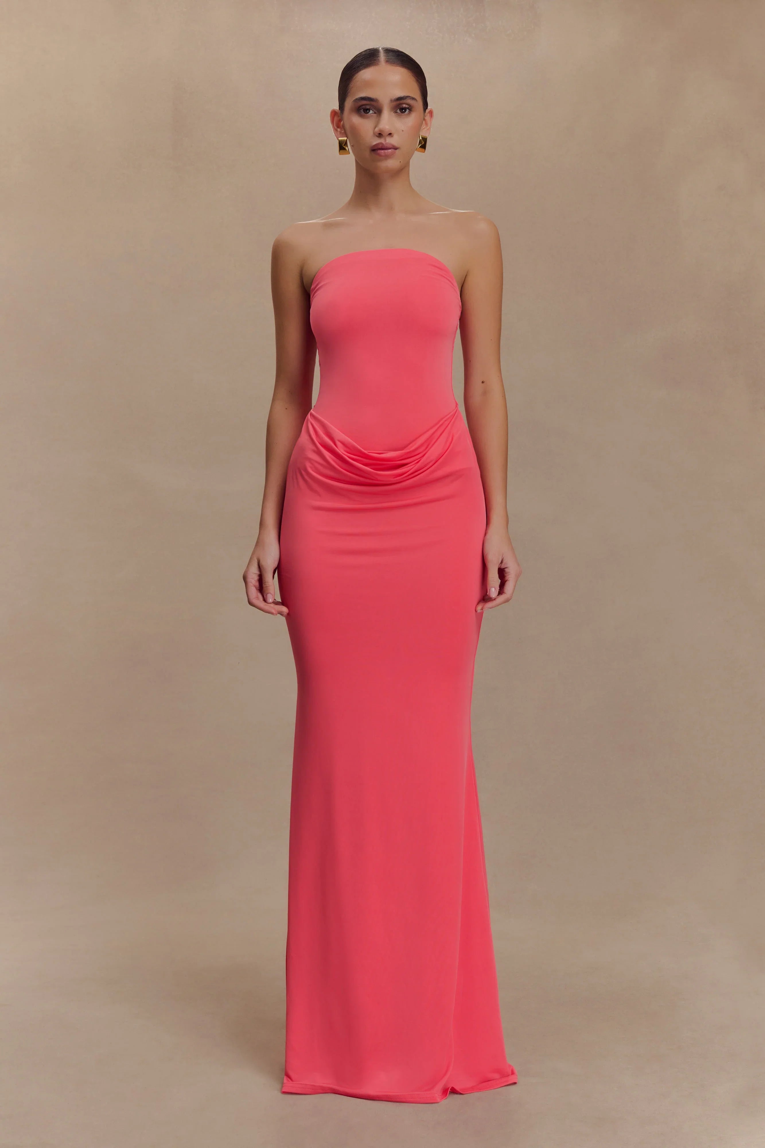 Madison Strapless Slinky Maxi Dress Coral