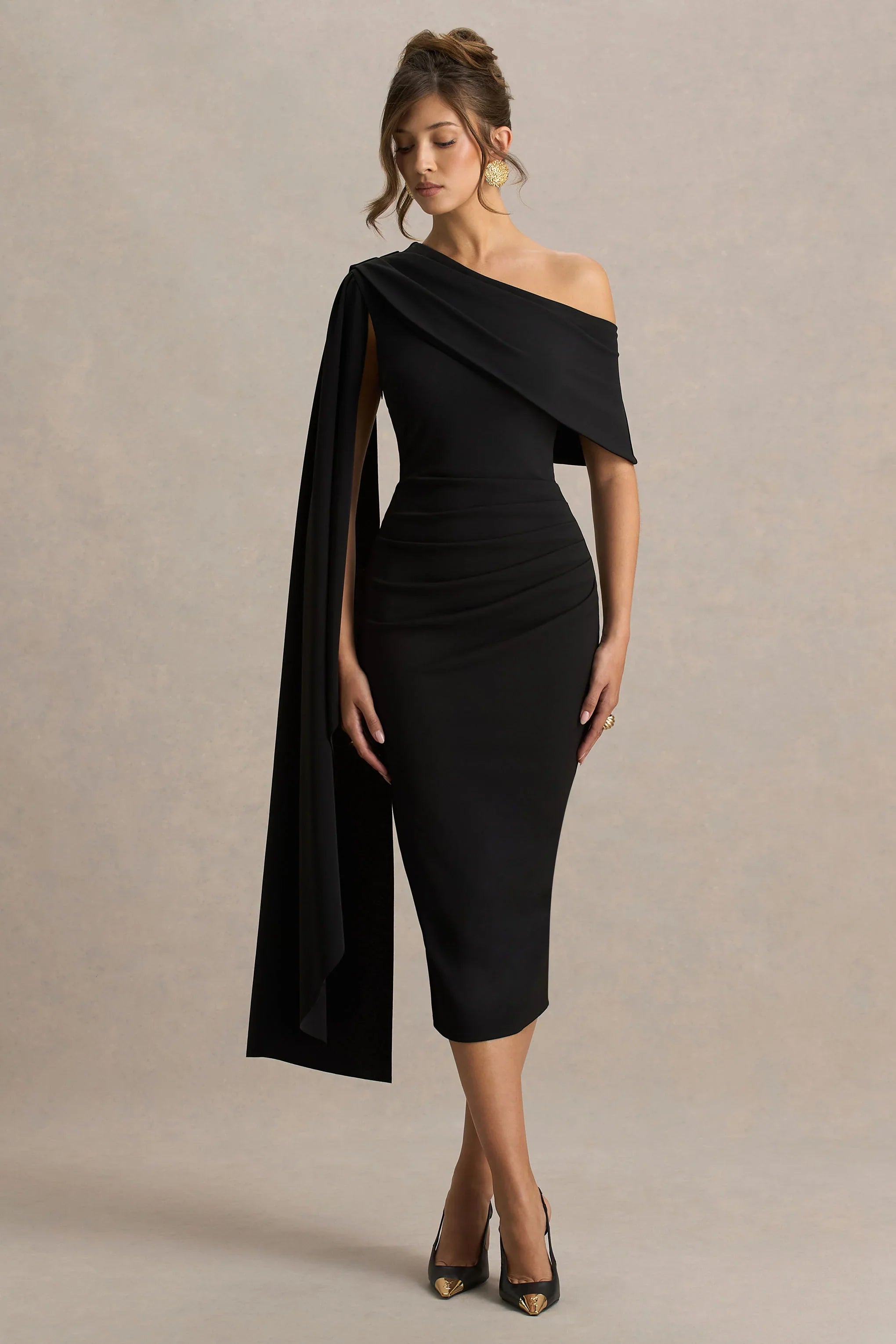 Leah Black Asymmetric Neck Midi Dress With Cape Sleeve