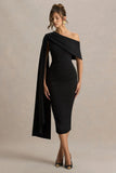 Leah Black Asymmetric Neck Midi Dress With Cape Sleeve