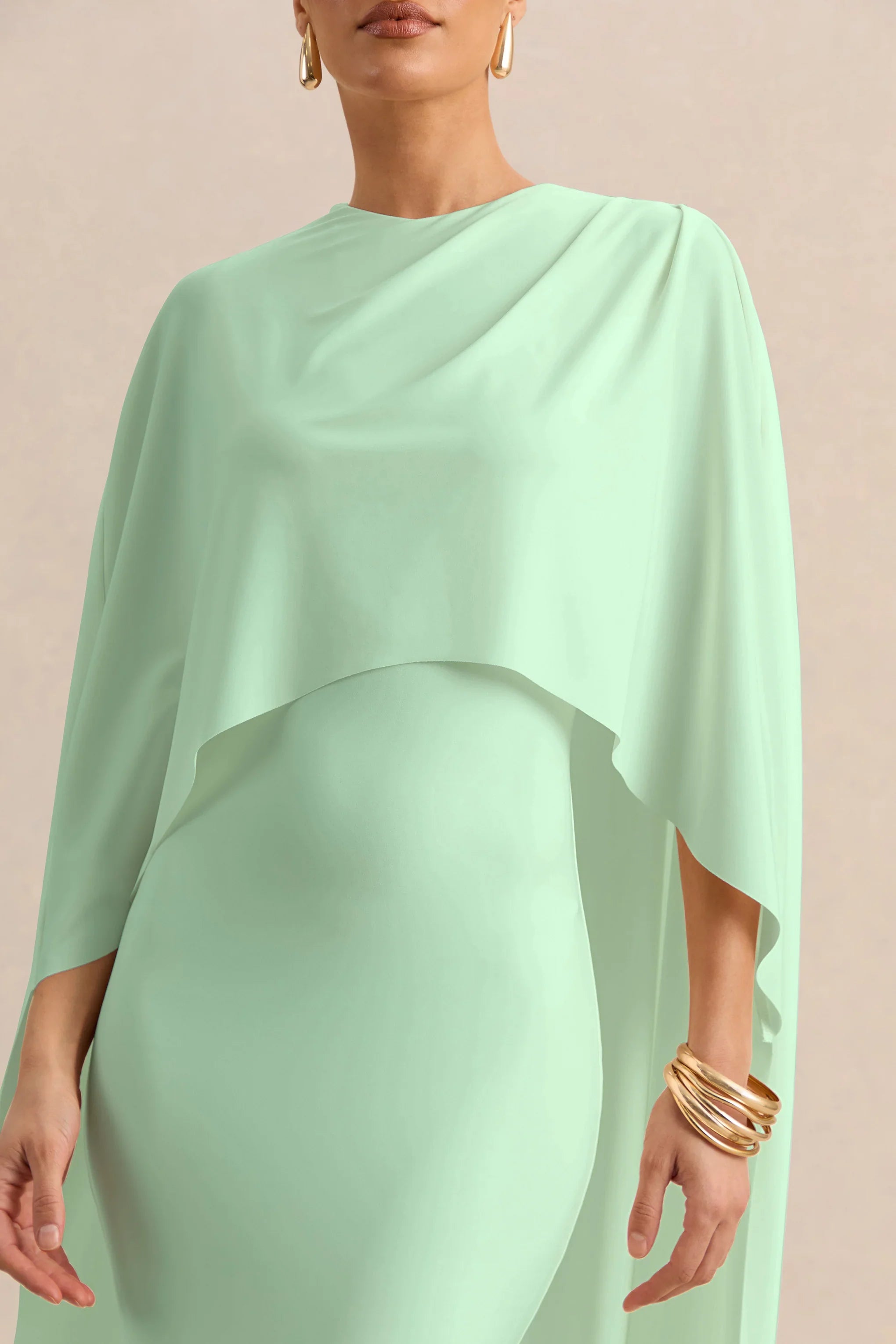 Luxalyn Green Round Neck Midi Dress With Cape Detail