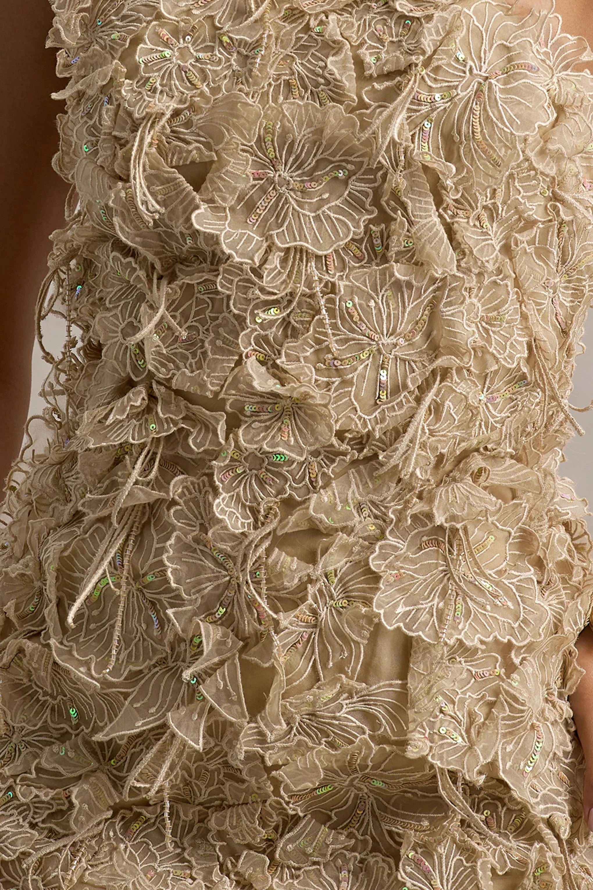 Kamara Nude Sequin Floral Halter Neck Mini Dress