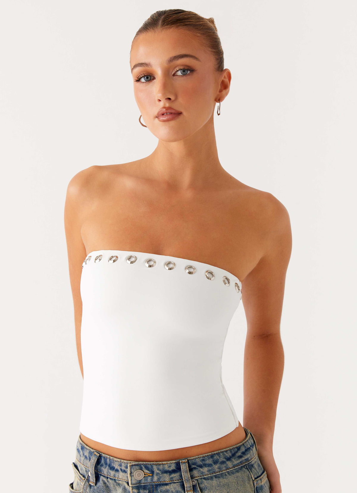 Miku Eyelet Strapless Top White