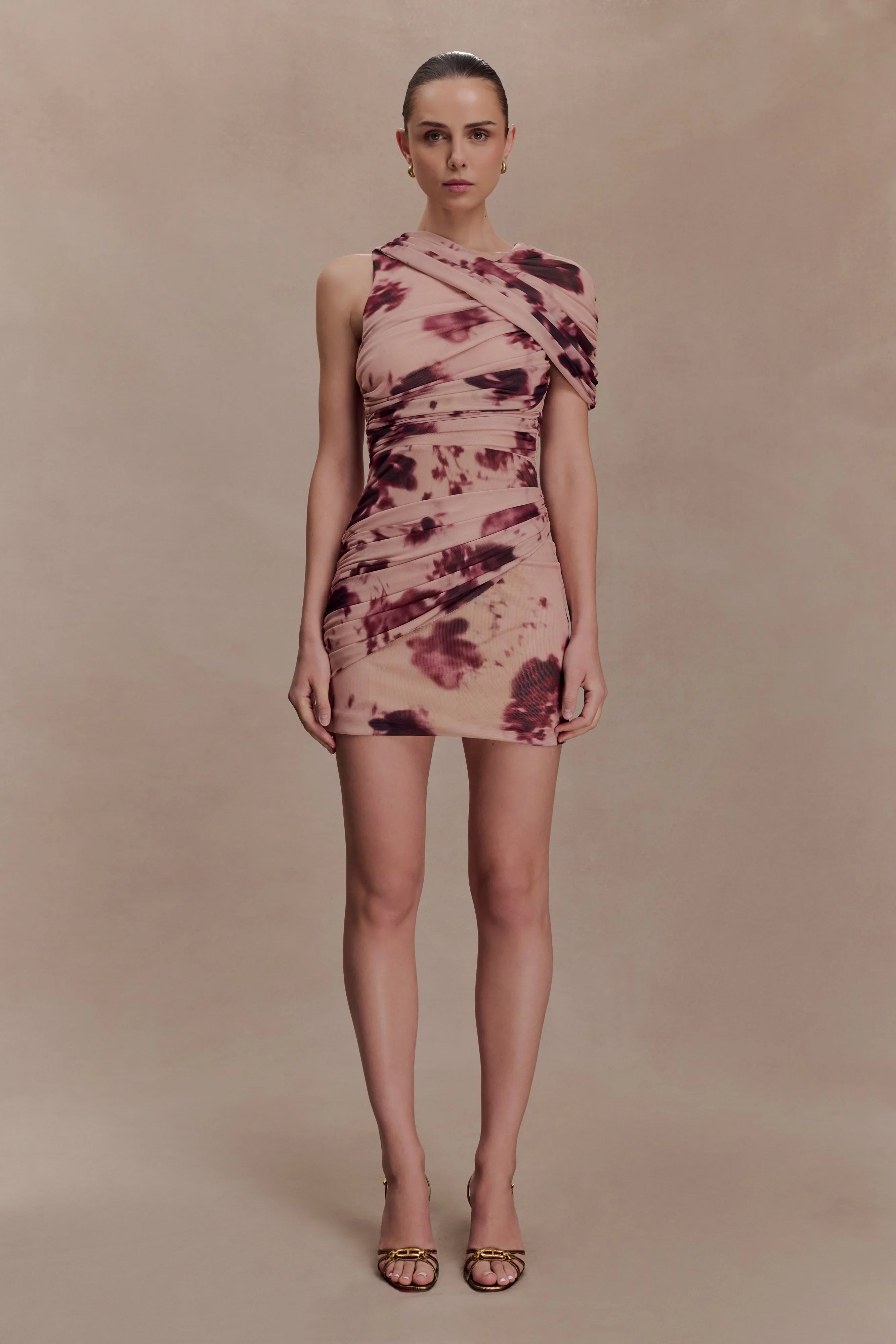 Adrienne One Shoulder Mesh Mini Dress Nude Blurred Floral Print