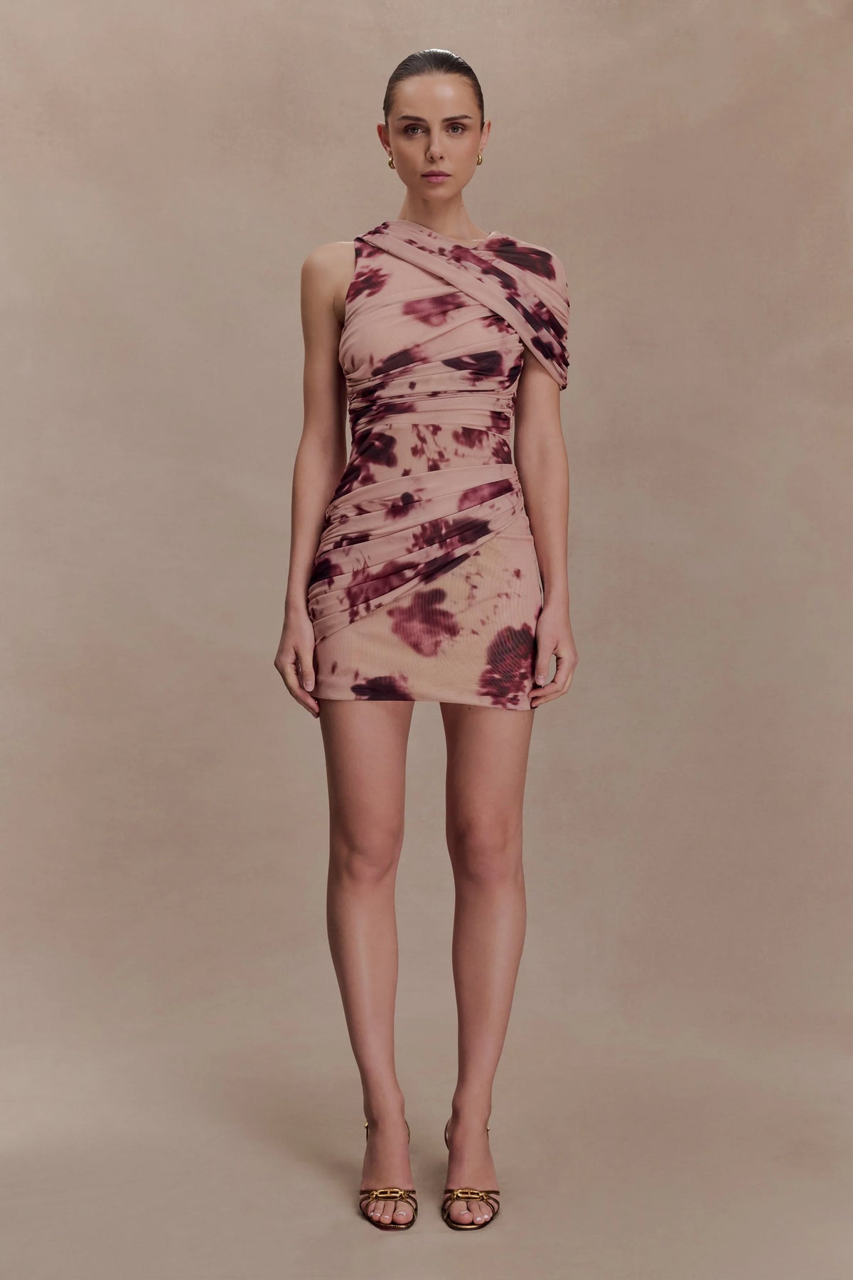 Adrienne One Shoulder Mesh Mini Dress Nude Blurred Floral Print