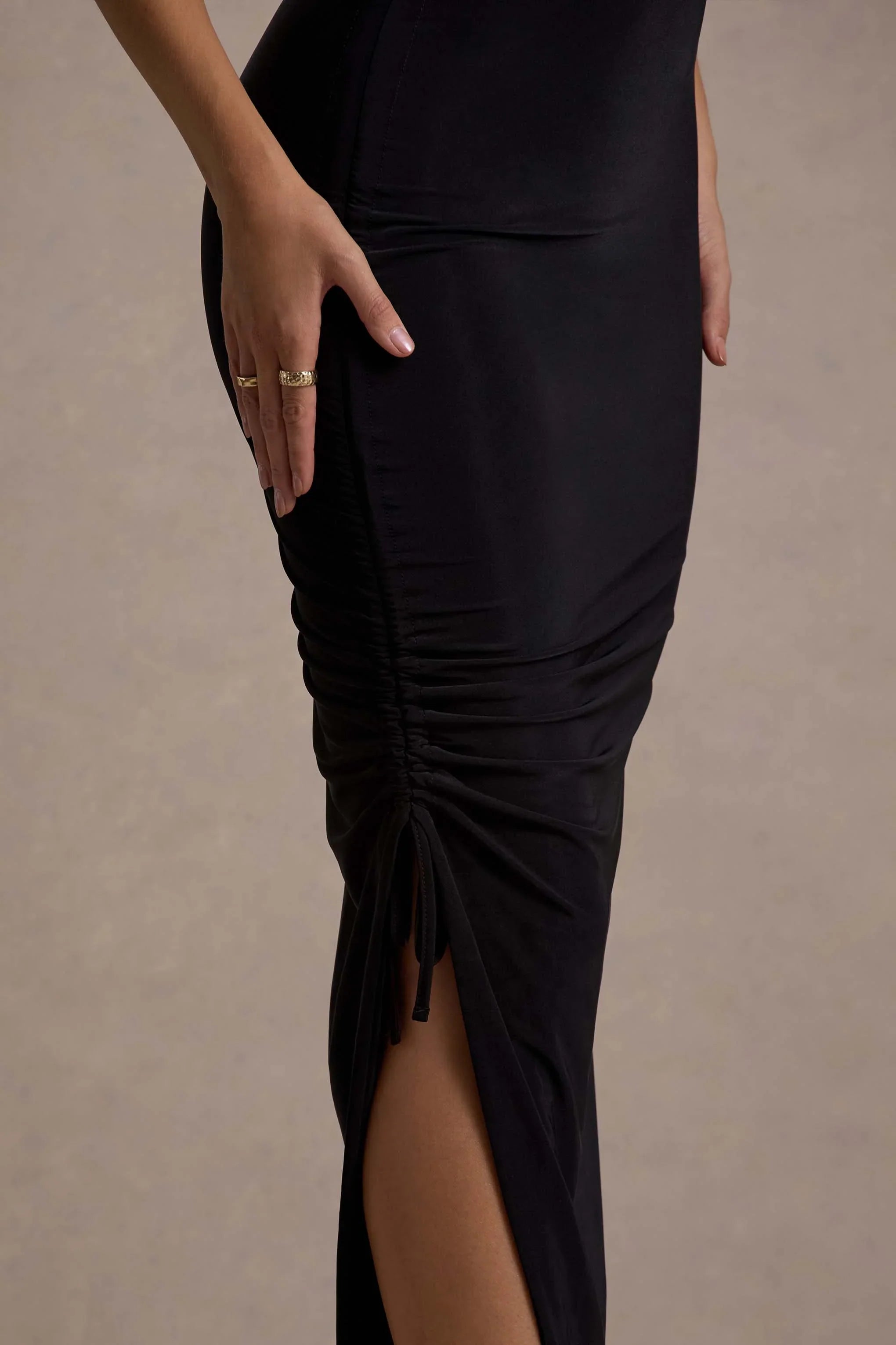 Jaiya Black Ruched Halter Neck Asymmetric Maxi Dress