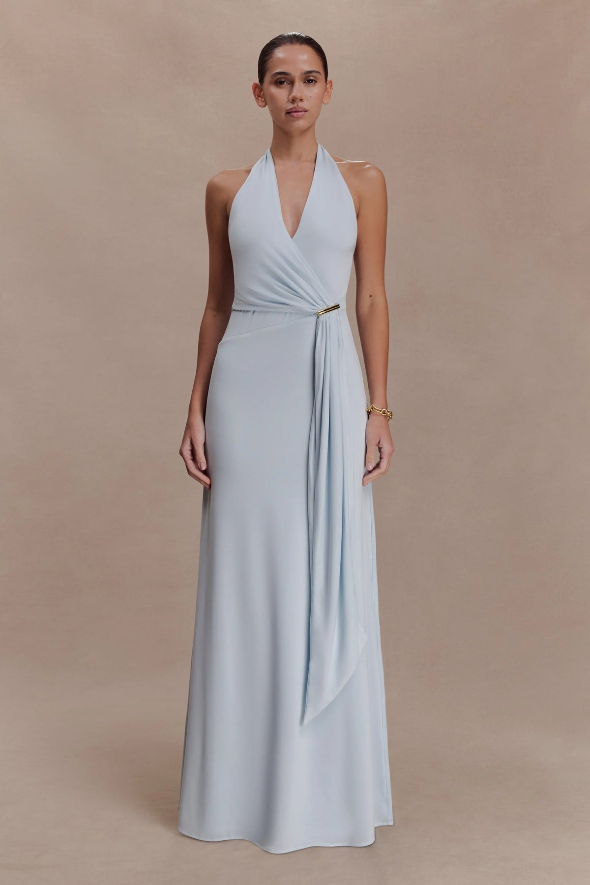 Veda Slinky Halter Maxi Dress Pale Blue