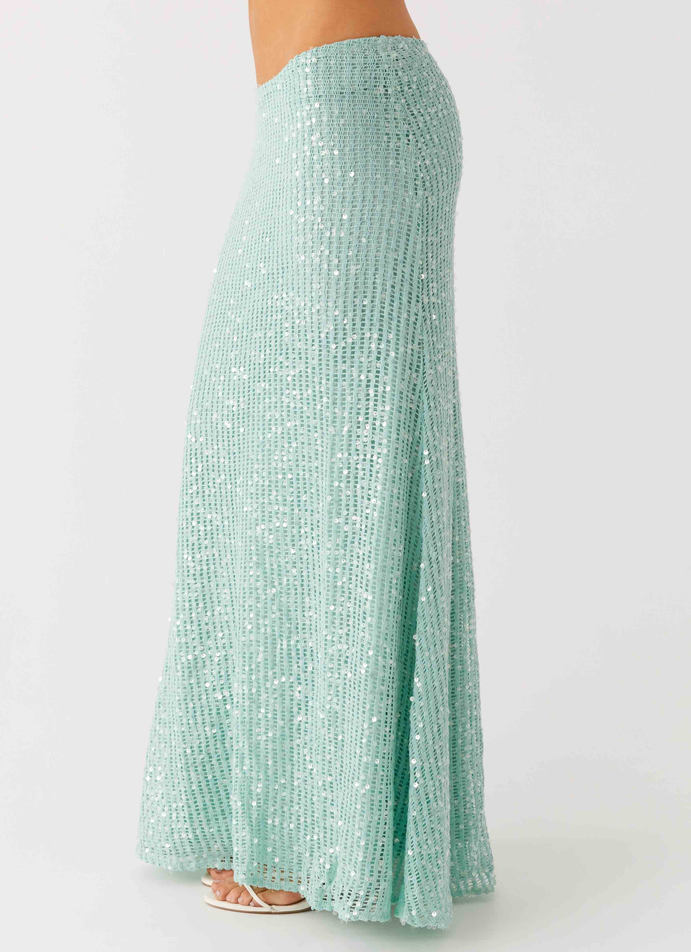 Amoura Sequin Low Rise Maxi Skirt Mint Sage