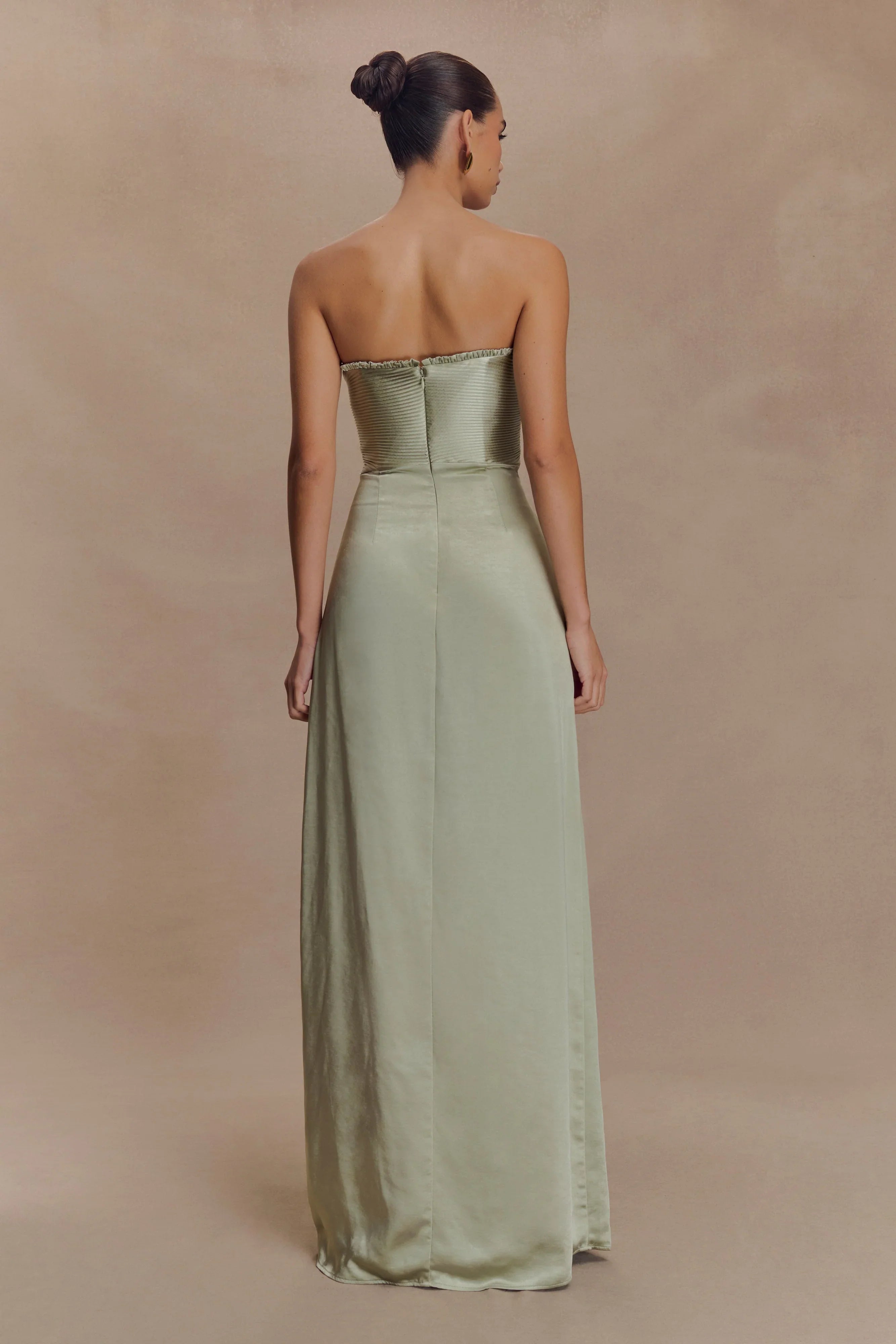 Larissa Satin Maxi Dress With Ruched Petals Sage