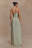 Larissa Satin Maxi Dress With Ruched Petals Sage