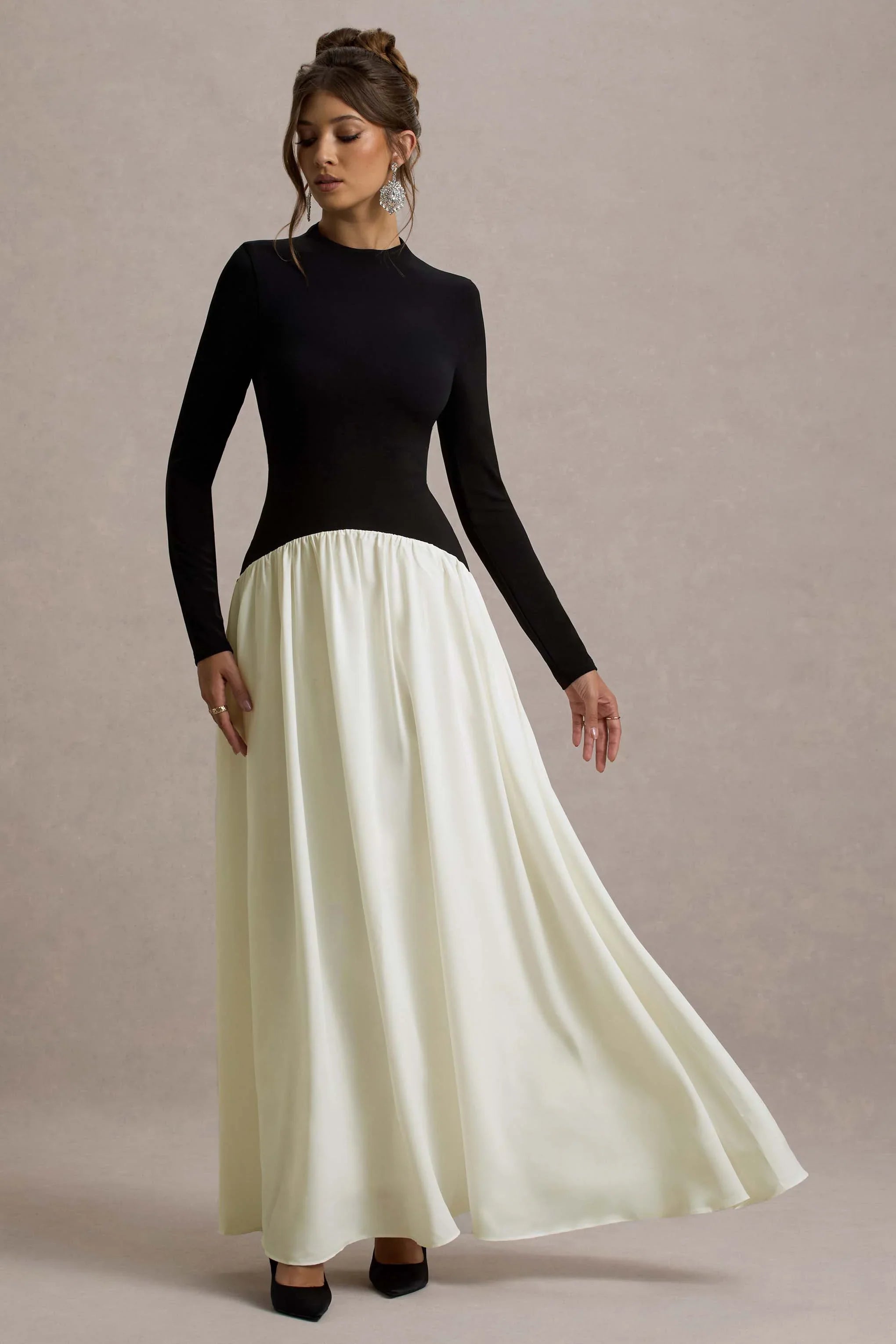 Benedetta Black Cream Long Sleeve Drop Waist Maxi Dress