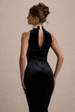 Audrine Black Velvet Embellished High Neck Maxi Dress