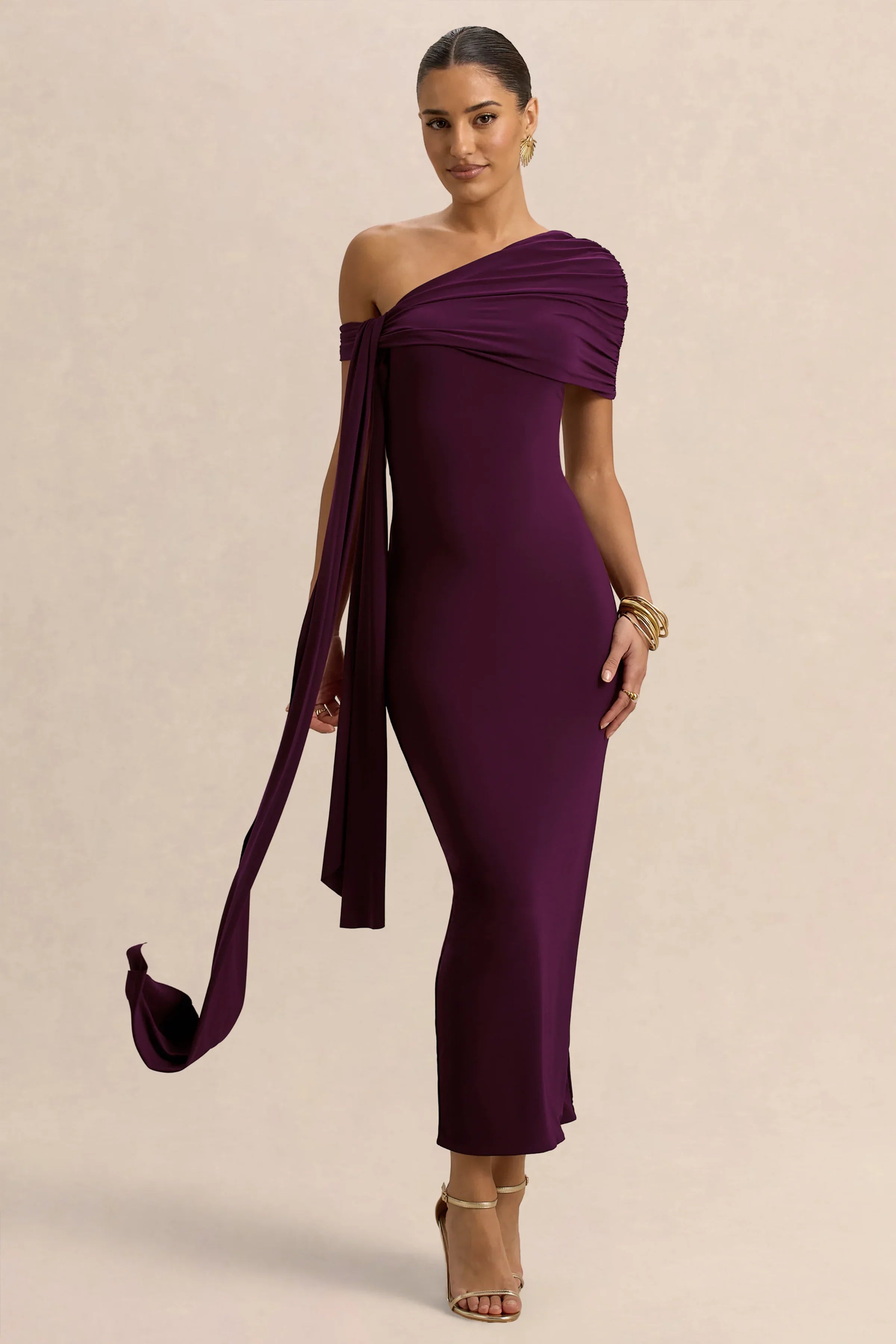 Praia Plum Asymmetric Neck Midi Dress With Sash and Draped Detailing