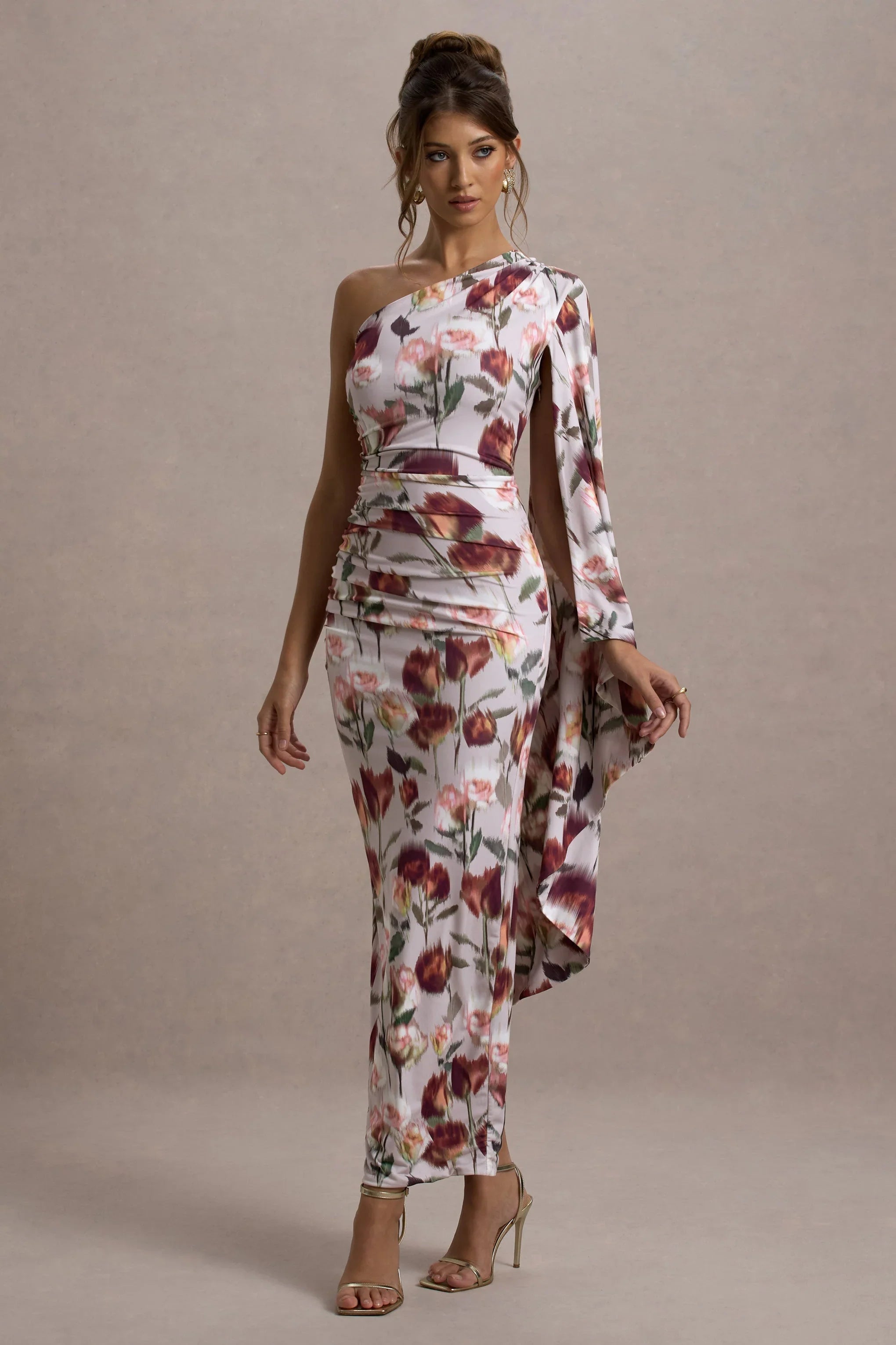 Clementina Cream Floral Print Asymmetric Cape Sleeve Maxi Dress