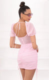 Ruched Cutout and Ties Dress in Pink Dotted Chiffon
