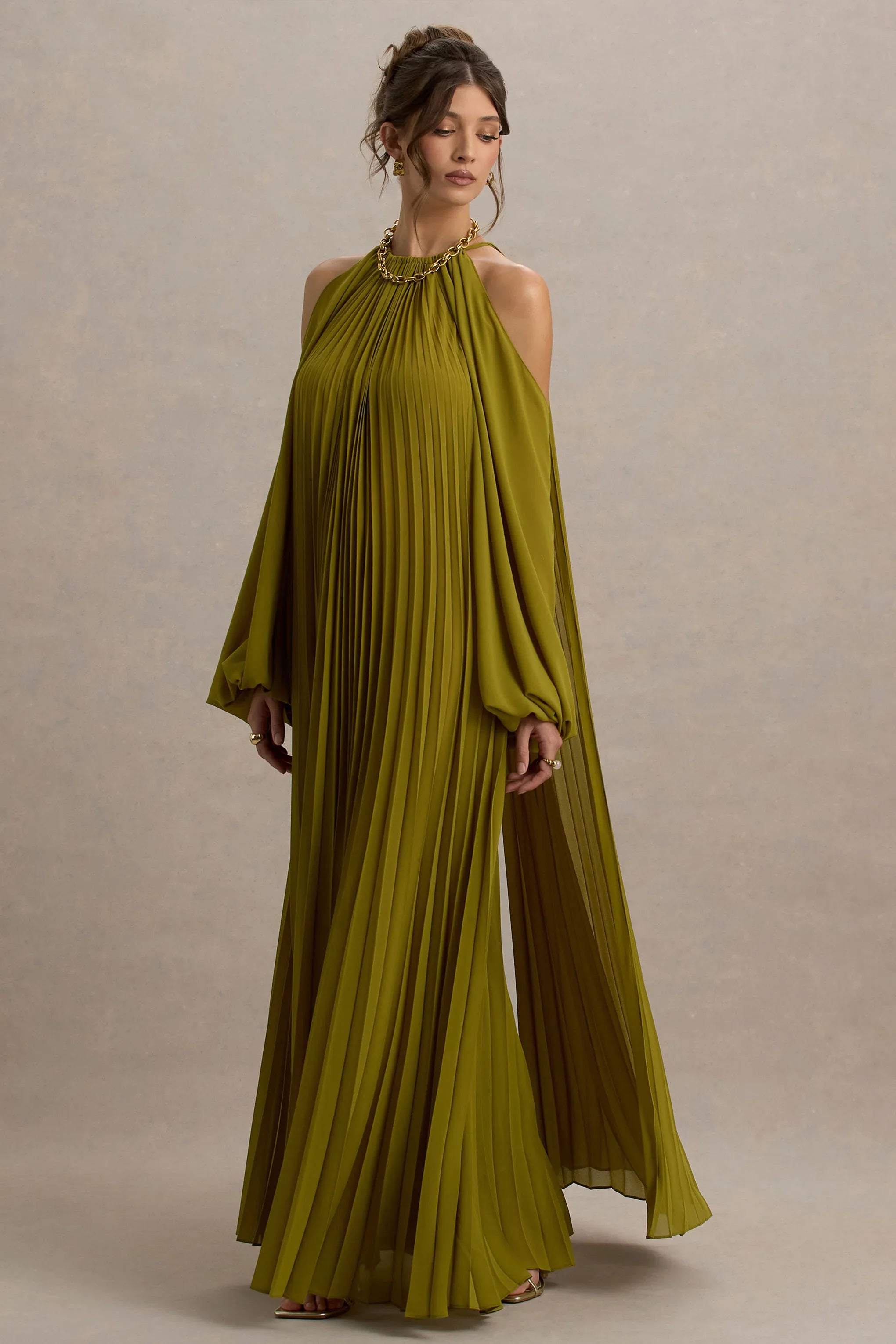 Reyna Olive Pleated Chiffon Cold Shoulder Maxi Dress