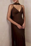 Starling Brown Matte Satin Plunge Neck Maxi Dress With Scarf Detail