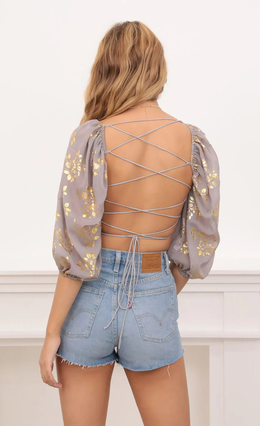 Gold Floral Puff Sleeve Top in Grey