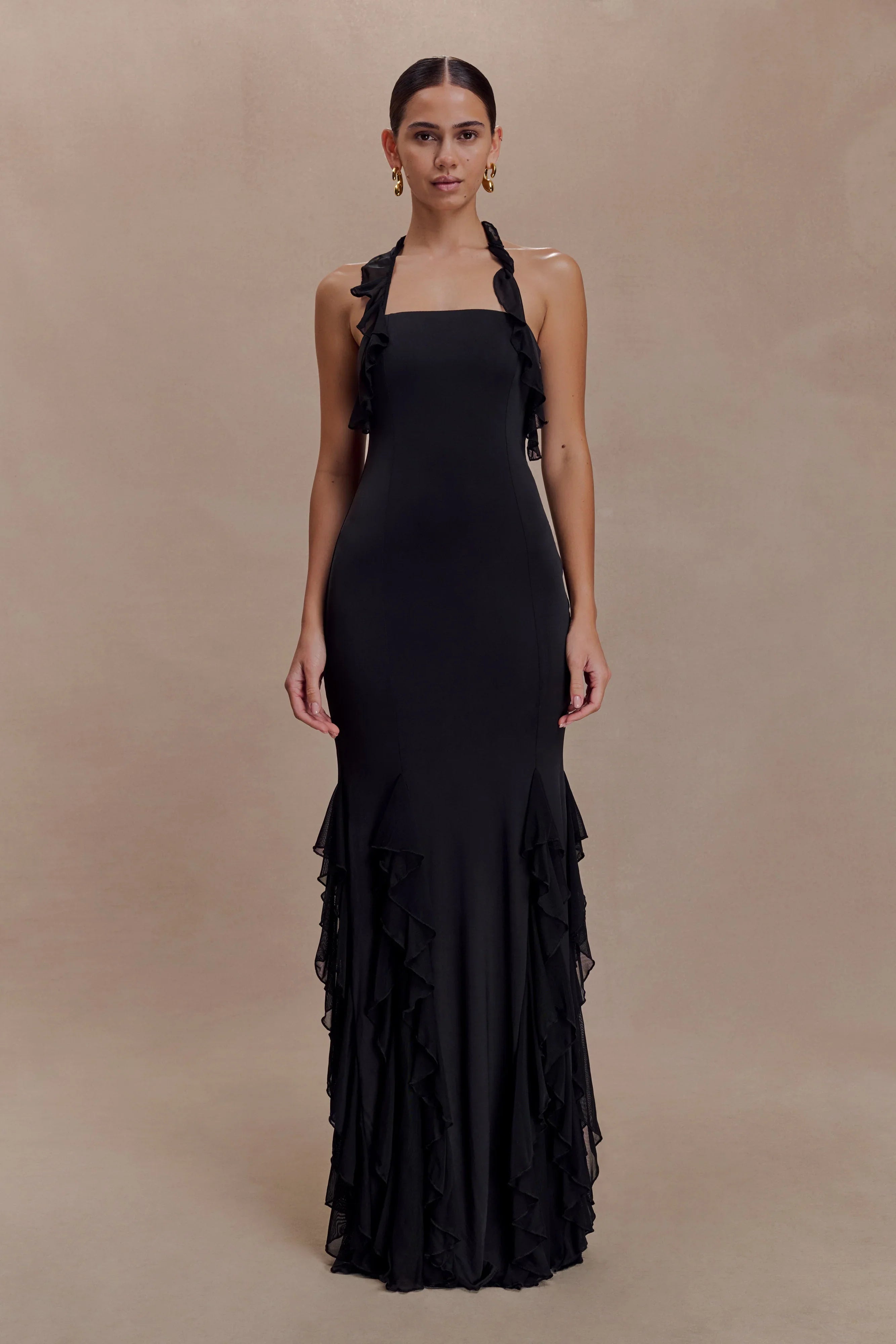 Etta Ruffle Slinky Maxi Dress Black