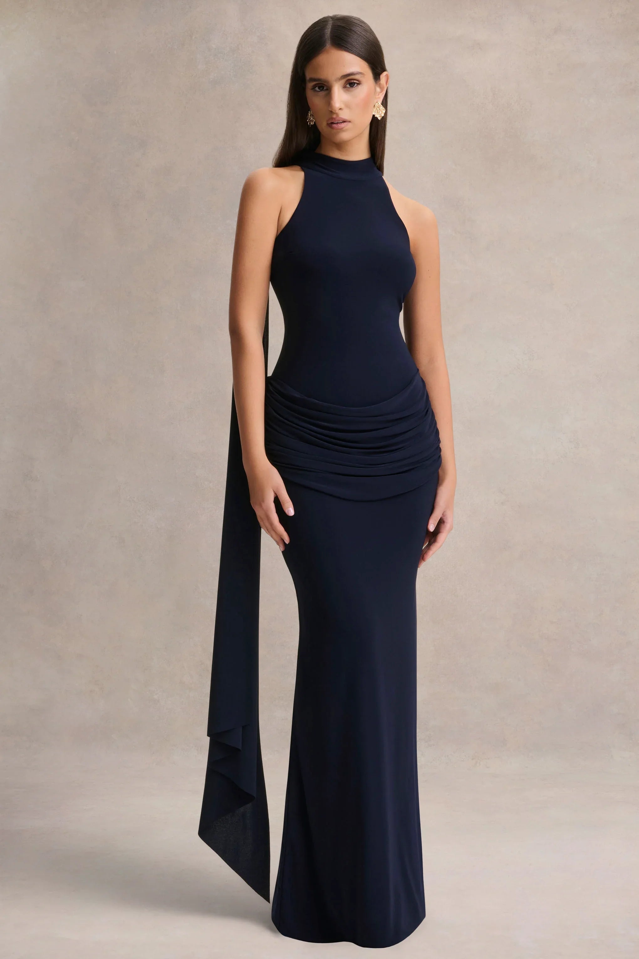 Hesperia Navy High Neck Maxi Dress With Draped Detailing And Scarf