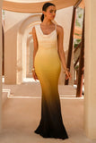 Casey Yellow Ombre Print Asymmetric Neckline Cowl Maxi Dress