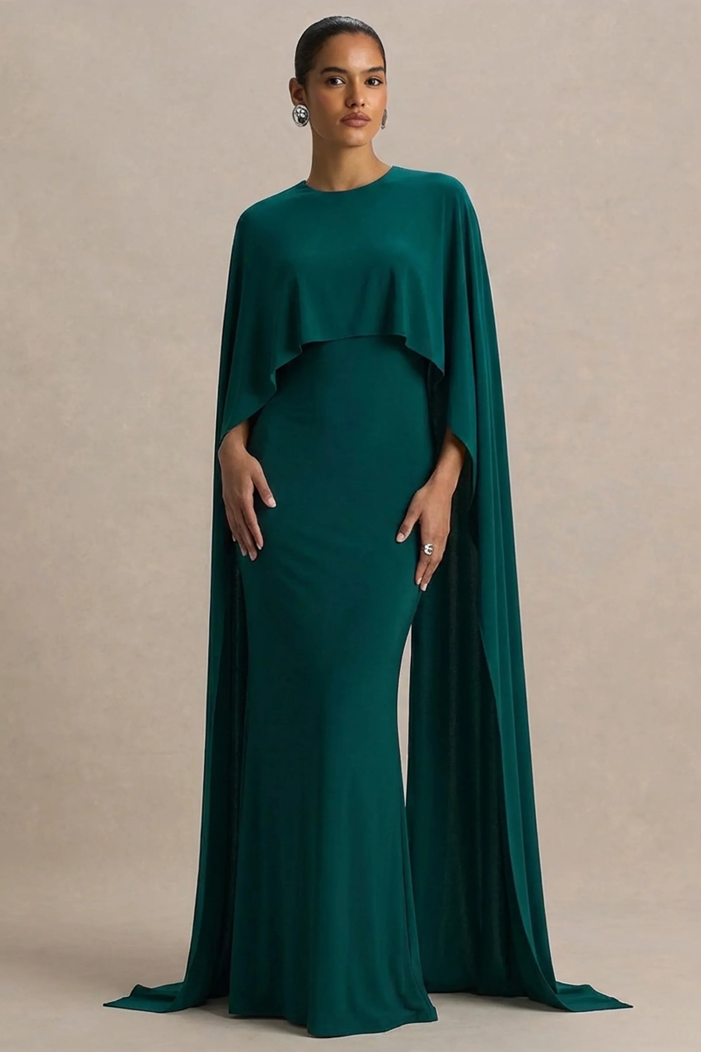 Padma Bottle Green Draped Maxi Dress With Cape Sleeves