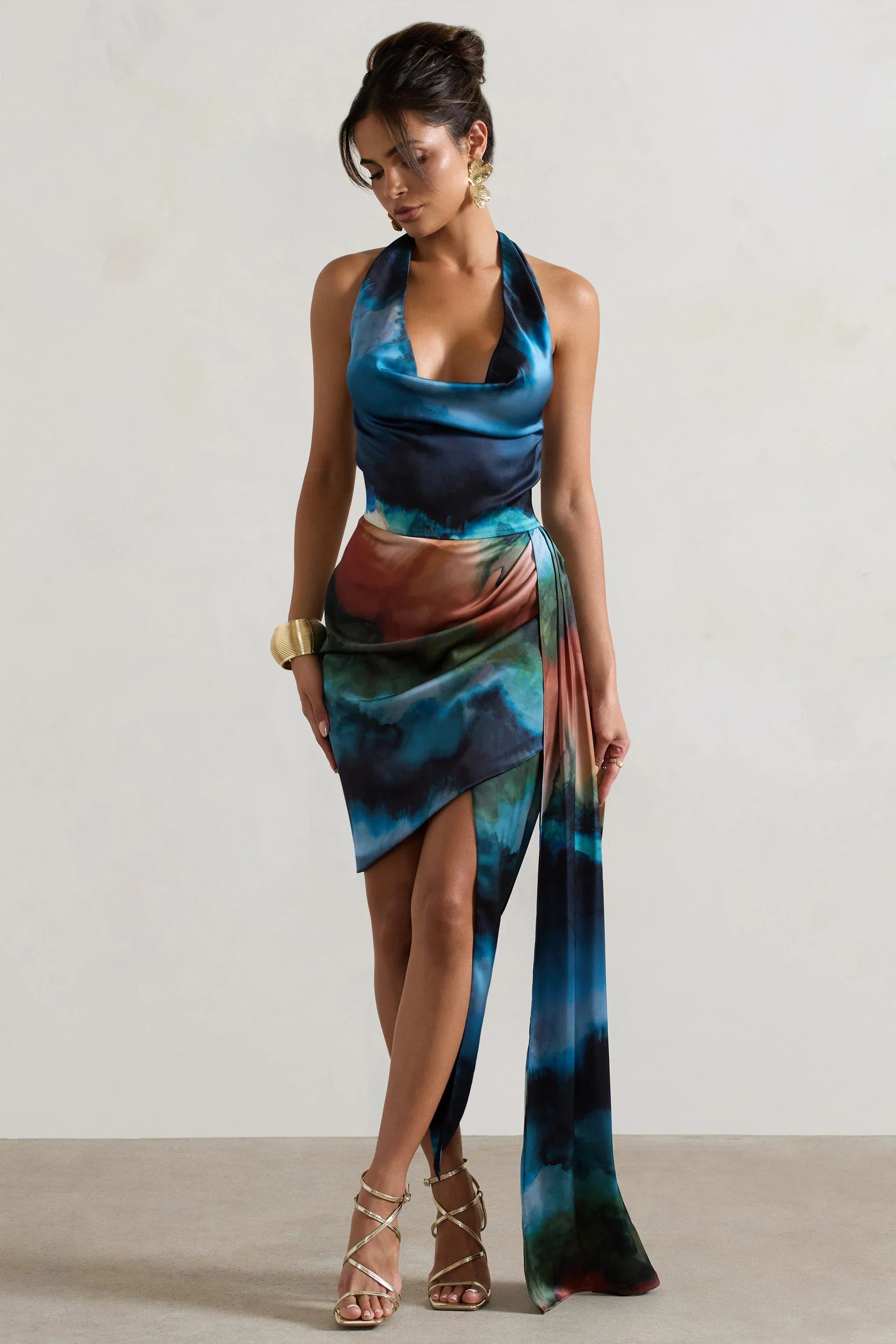 Bali Blue Blur Print Satin Cowl Neck Draped Midi Dress