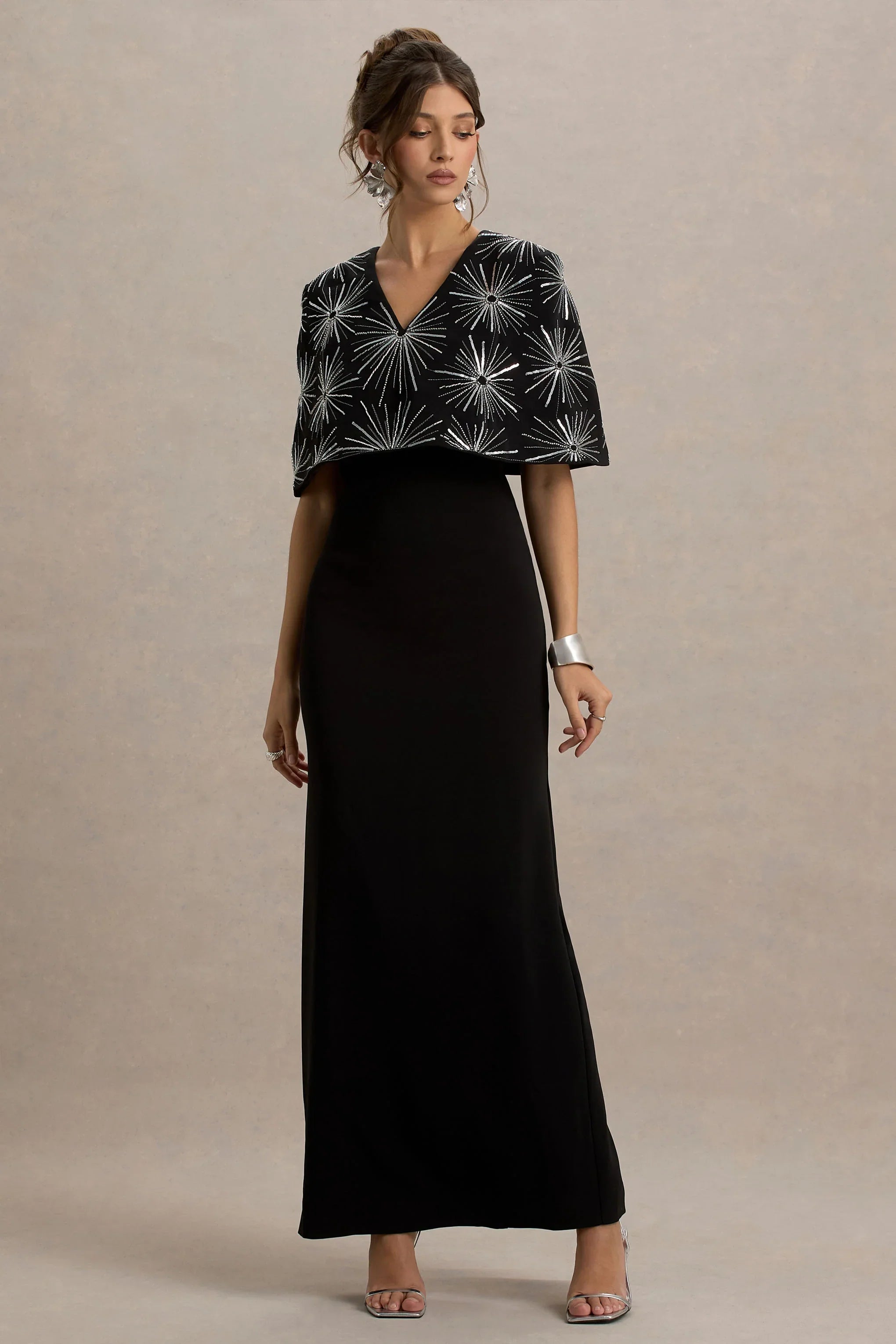 Agnella Black Embellished V Neck Maxi Dress