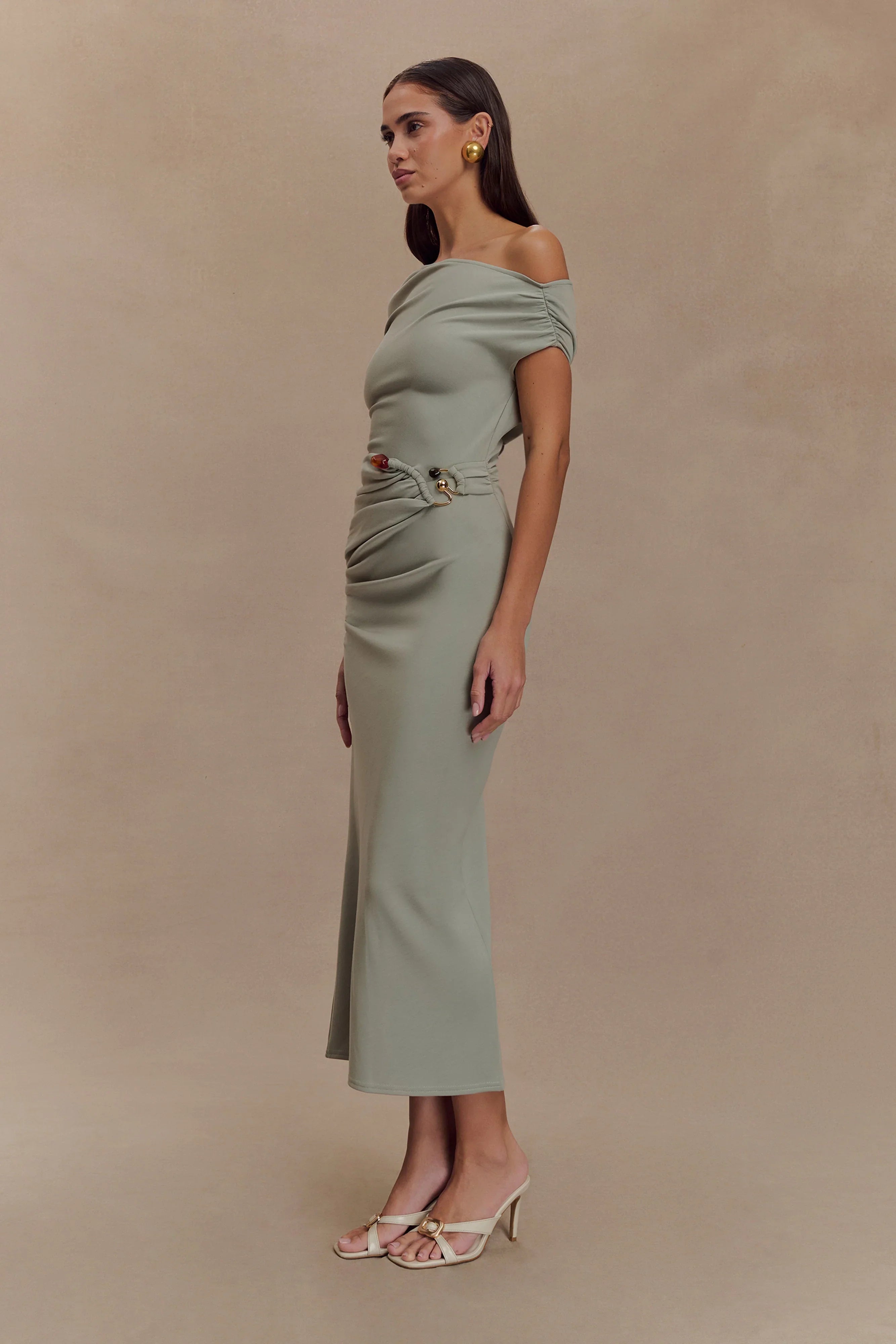 Kendra Scuba Jersey Midi Dress With Hardware Sage