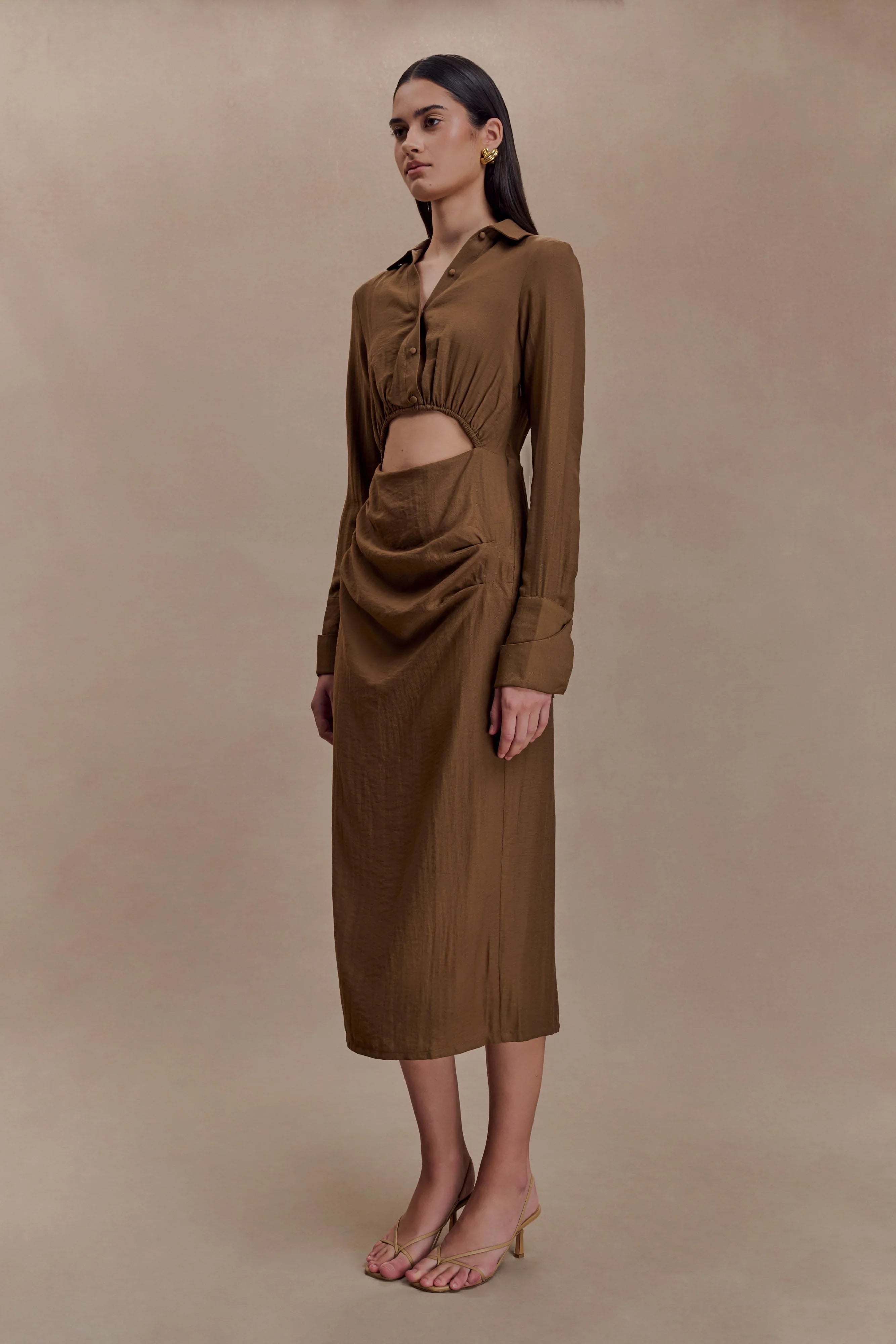 Cecilie Cut Out Shirt Midi Dress Dark Chocolate