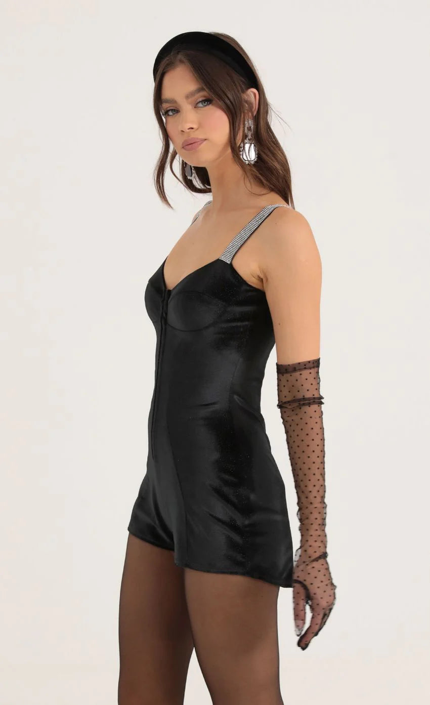 Velvet Shimmer Hook and Eye Romper in Black