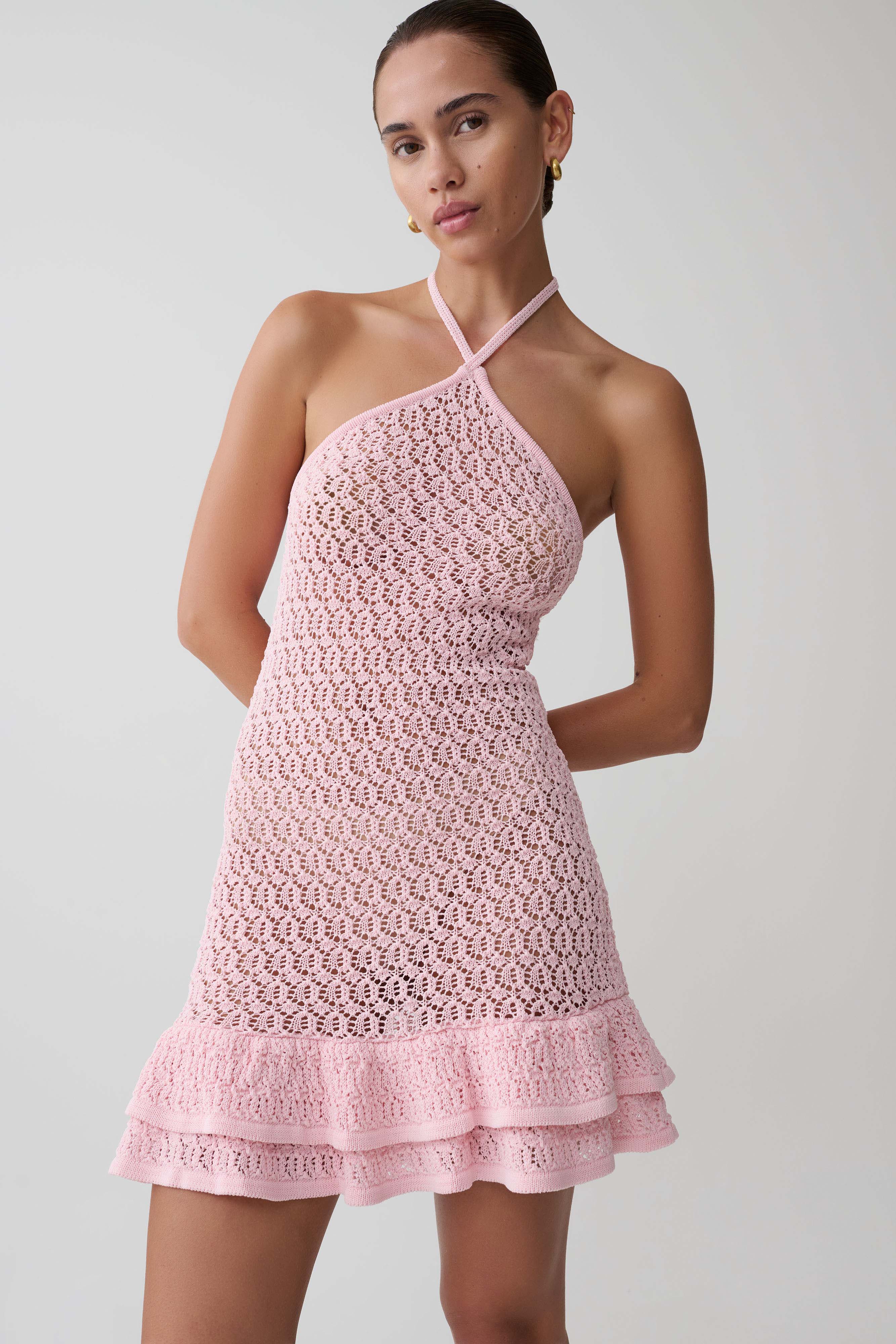 Carrisa Crochet Knit Mini Dress Baby Pink