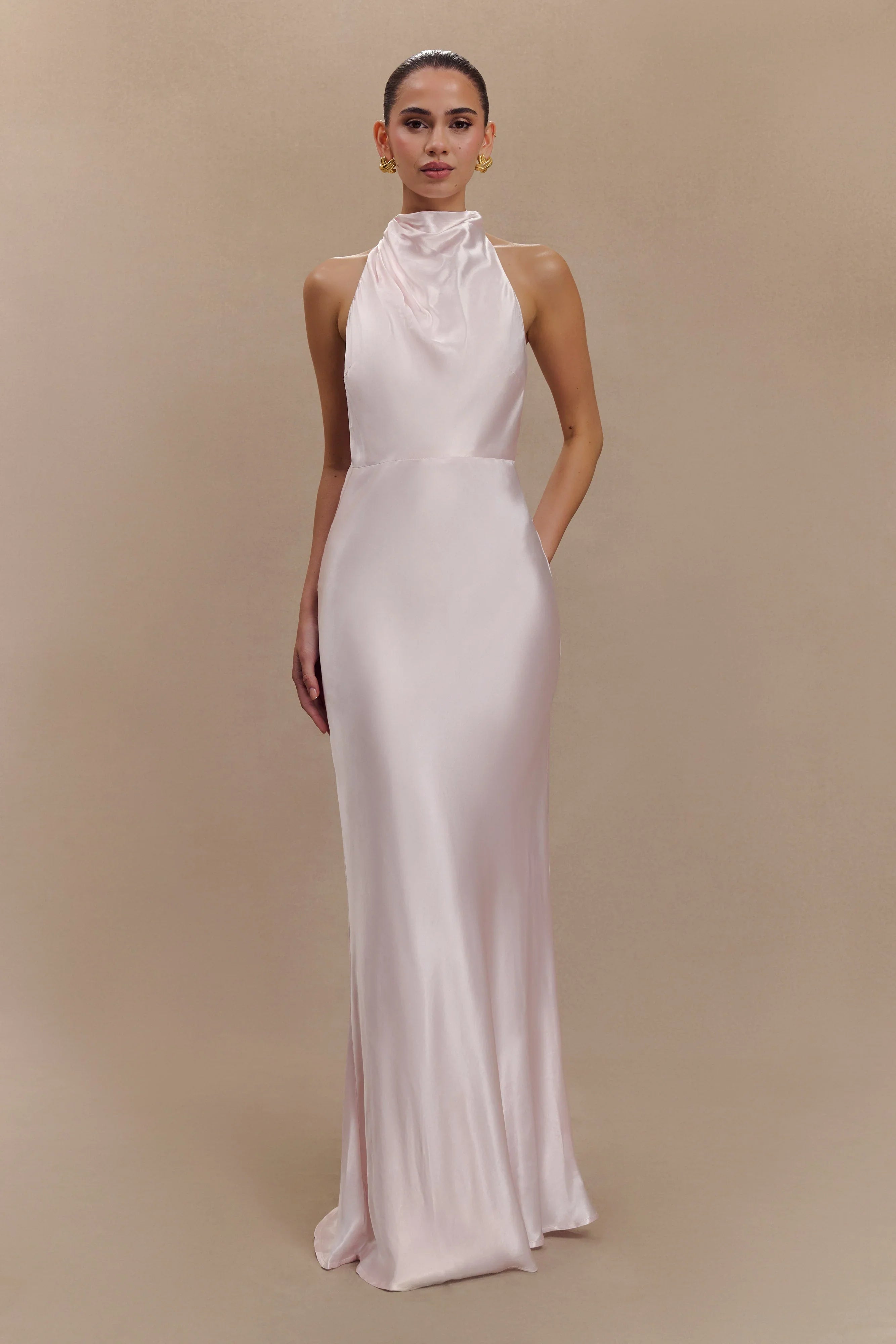 Esther Iridescent Satin Cowl Maxi Dress Pale Pink
