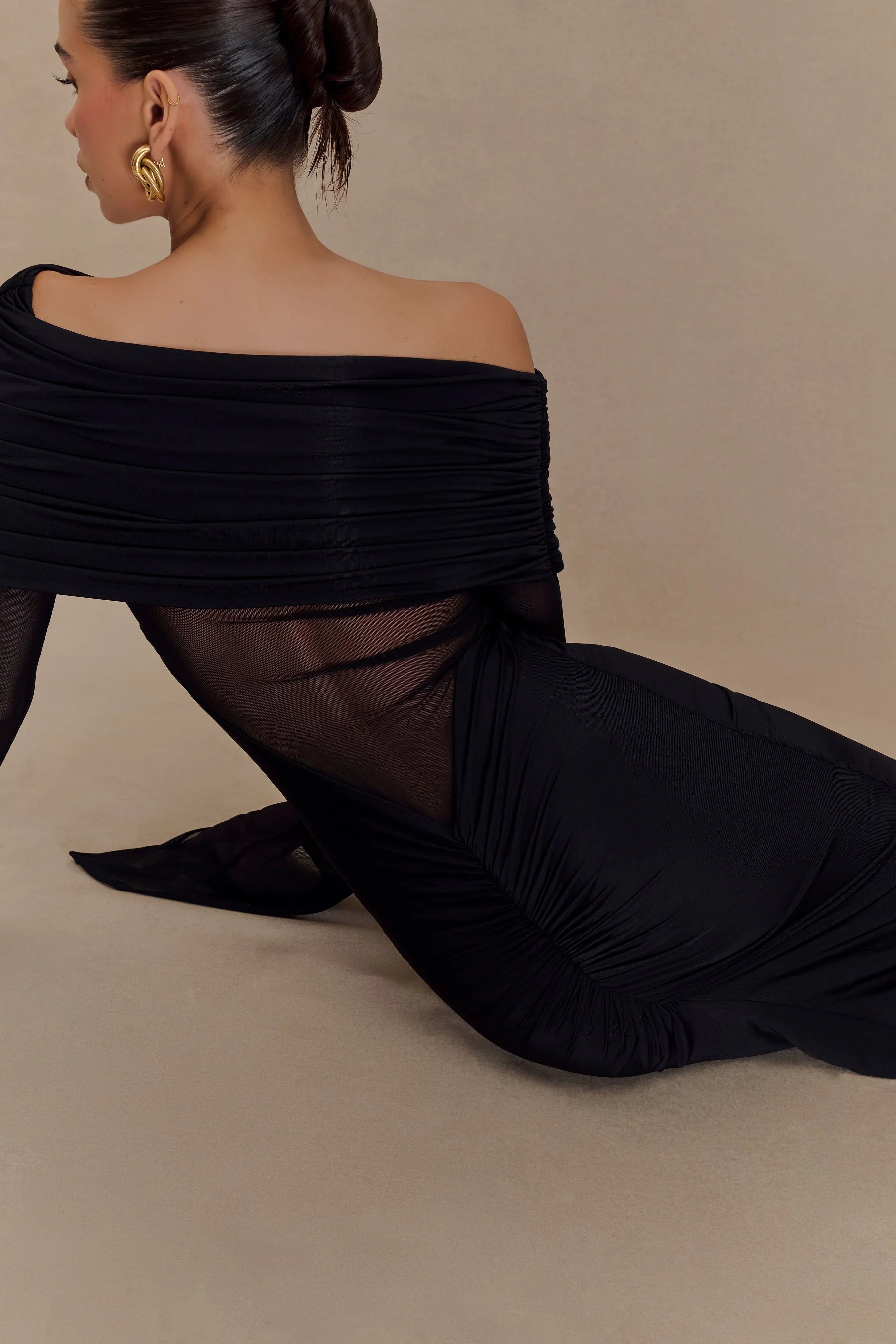 Kaitlin One Shoulder Slinky And Mesh Maxi Dress Black
