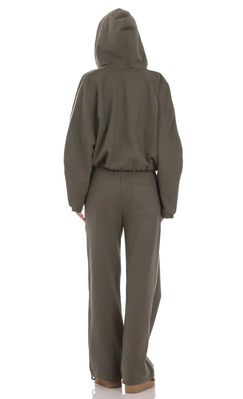 Cropped Cinch Waist Hoodie in Olive Green