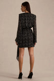Mela Black And White Polka Dot Plunge Neck Mini Dress With Bell Sleeves And Sash Detail